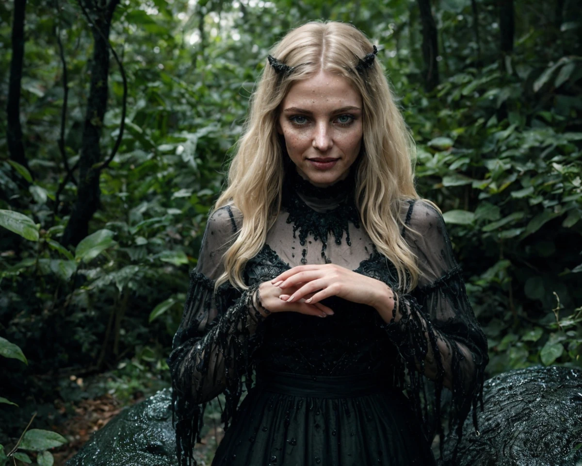 epiCPhoto, (atmospheric cinematic still, full body:1.15), (woman-animal hybridization chimera:1.3) , (innocent slender Slavic woman:1.175) wearing an awkward Victorian dress with black lace and frilly sleeves and a weird pattern, (modelshoot style, analog style, strong gloom:1.125), (correct_fingers, feminine_anatomy, correct_eyes:1.15), (cute nose:1.1), remarkable epic nature landscape, (eerie black slime monster:1.35) in smooth background, playful expression, cluttered jungle with lots of wet woods, moist skin wet texture, smile, long blonde hair, jewelry, (teeth, grin:0.75), (joyful, turbulent emotions:1.165), (realistic hands:1.225),(wet dark carbon boulders:0.75), (gray-blue-green:0.7), (f_stop 2.8, f2.8 :0.3), (cinematic still, feminine_anatomy, correct_eyes, bokeh:1.2), (realistic correct_hands, feminine_anatomy, artistic dynamic pose:1.15), realism, incredibly lifelike, perfect proportions, realistic skin details, ultrasharp, ultradetailed, good quality <lora:breastsizeslideroffset:-0.15>