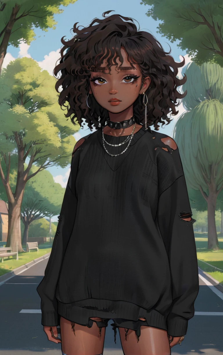 alt girl, digital art, ((professional anime illustration)), (best quality, masterpiece, aesthetic, colorful, dynamic angle, detailed), full body image of posing woman with black skin and curly hair wearing oversized (ripped plain black sweater), chocker, detailed face with makeup, park with willows, best aesthetic, soft sunlight <lora:alt_fashion:0.7> <lora:aesthetic_anime_v1s:0.7>