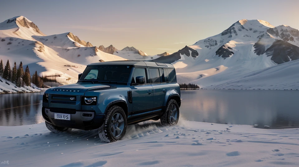 Professional photography of a (Defenderï¼besides the lake with sunsetï¼snow mountain background , natural light,CG,Blender rendering,extremely details, 16K high quality,masterpiece<lora:ALLN_Defender110-10:1>