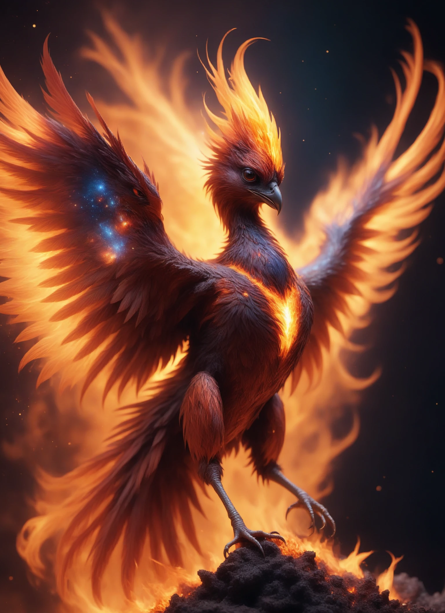 Phoenix emerging from fire with galaxy, elegant, luxury, clean, smooth, elegant, beautiful, highly detailed, sharp focus, studio photography, xf iq 4, 1 5 0 mp, 5 0 mm, iso 2 0 0, 1 / 1 6 0 s, realistic, natural light, octane render, adobe lightroom, rule of thirds, symmetrical balance, depth layering, polarizing filter, sense of depth, ai enhanced