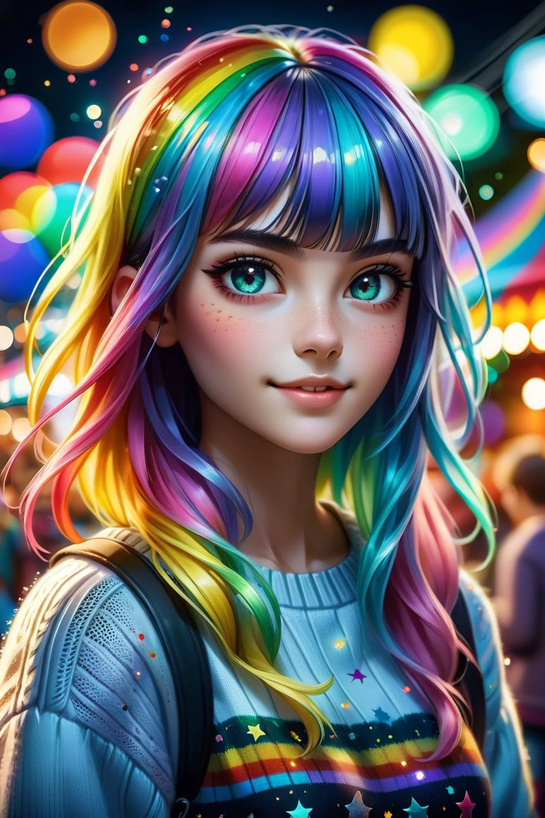score_10,score_9, score_8_up, score_7_up, score_6_up, score_5_up, realistic photo portrait of a beautiful girl with long rainbow hair, bangs, at a carnival at night, wearing a sweater, (depth of field, bokeh:1.2)