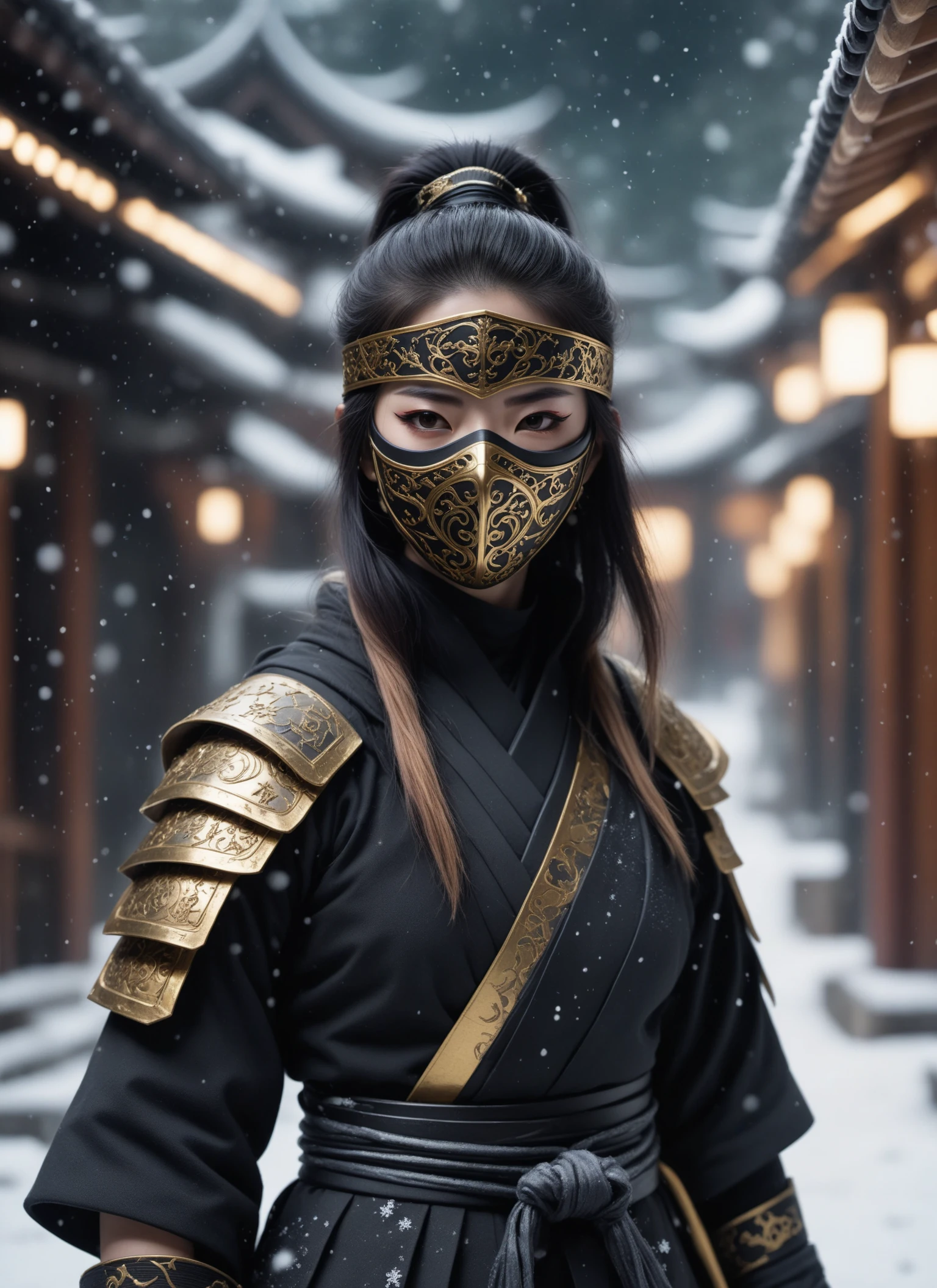 Medium format realistic 8K raw photography, (Mysterious masked kunoichi ninja in stealth:1.3), Dark snowy town scene, Gold adornments, Intricate eyeliner, (Silent footsteps:1.2), Glistening snowflakes, Enigmatic aura, (Cool tone palette:1.2), Captured with a Phase One XF IQ4 150MP Camera, 80mm f/2.8 lens, High definition details, Crisp clarity