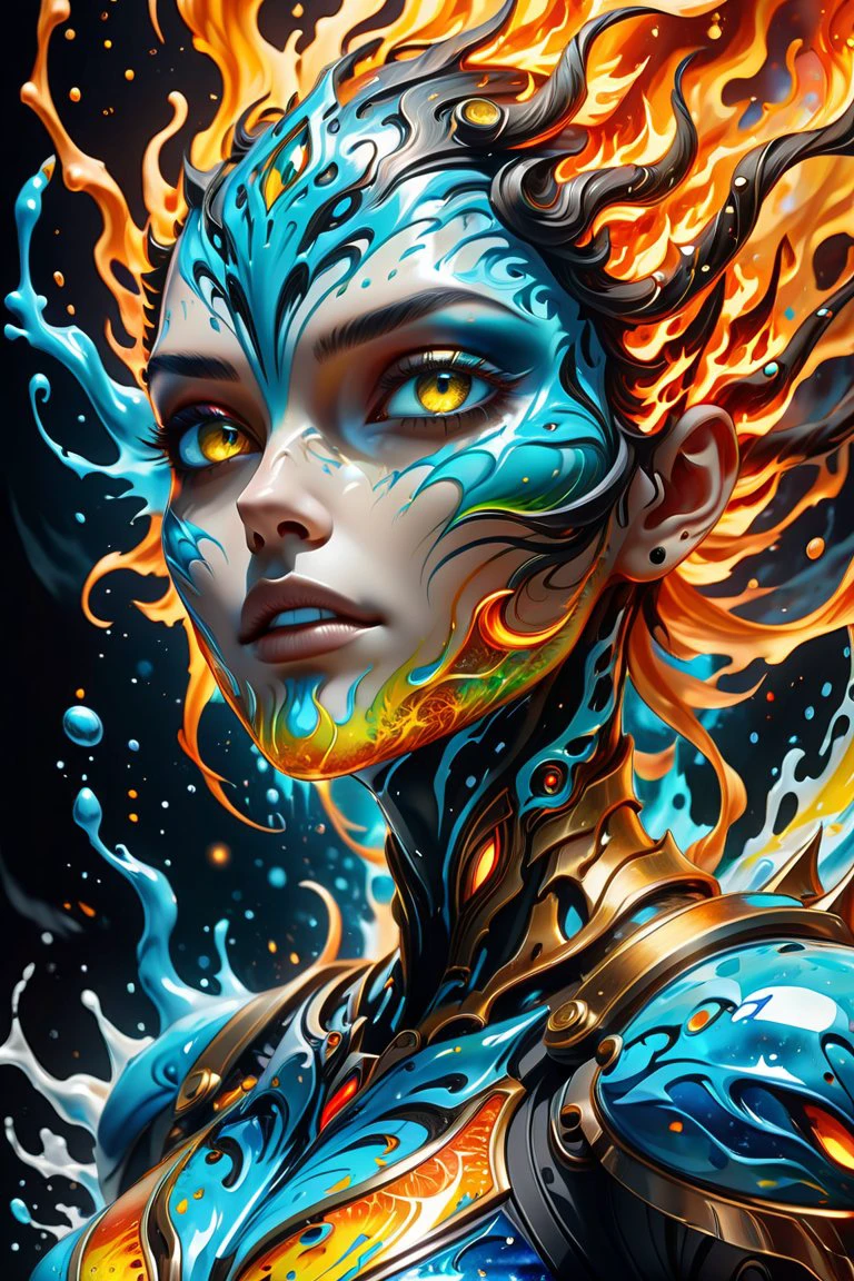 Hyperdetailed Eyes, Tee-Shirt Design, Line Art, Sparkling Stars Background, Ultra Detailed Artistic, Detailed Gorgeous Face, Natural Skin, Water Splash, Colour Splash Art, Fire and Ice, Splatter, Black Ink, Liquid Melting, Dreamy, Glowing, Glamour, Glimmer, Shadows, Oil On Canvas, Brush Strokes, Smooth, Ultra High Definition, 8k, Unreal Engine 5, Ultra Sharp Focus, Intricate Artwork Masterpiece, Ominous, Golden Ratio, Highly Detailed, Vibrant, Production Cinematic Character Render, Ultra High Quality Model, watercolor sketch in artistic style, large strokes, finalized with ink, fine lines