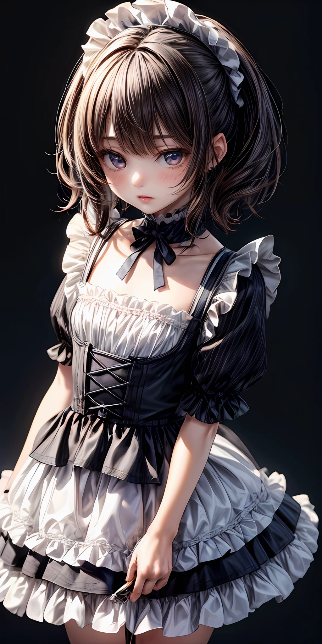 (masterpiece,ultra-detailed,best quality,8K,CG,illustration,shaved:1.0),(petite girl:1.0) <lora:more_details:1>, simple background,
<lora:jyoji fuku v18.0:0.5> jyojifuku, frills