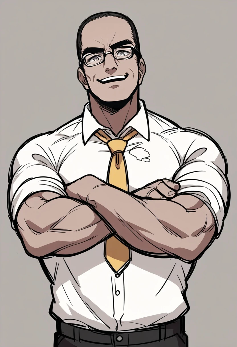 score_9, score_8_up,score_7_up, source_anime,pencil drawing,sketch, SenArmStrong, grey eyes, black hair, buzz cut, glasses, manly, muscular male, white shirt, torn clothing, torn shirt, yellow necktie, black pants, crossed arms, from below, open smile, 
 <lora:Potat-pencil_drawing_sketch_v1-USENEG:-1.15> 
<lora:SenatorArmstrongPDXL_V1-Manityro-CAME:0.8>