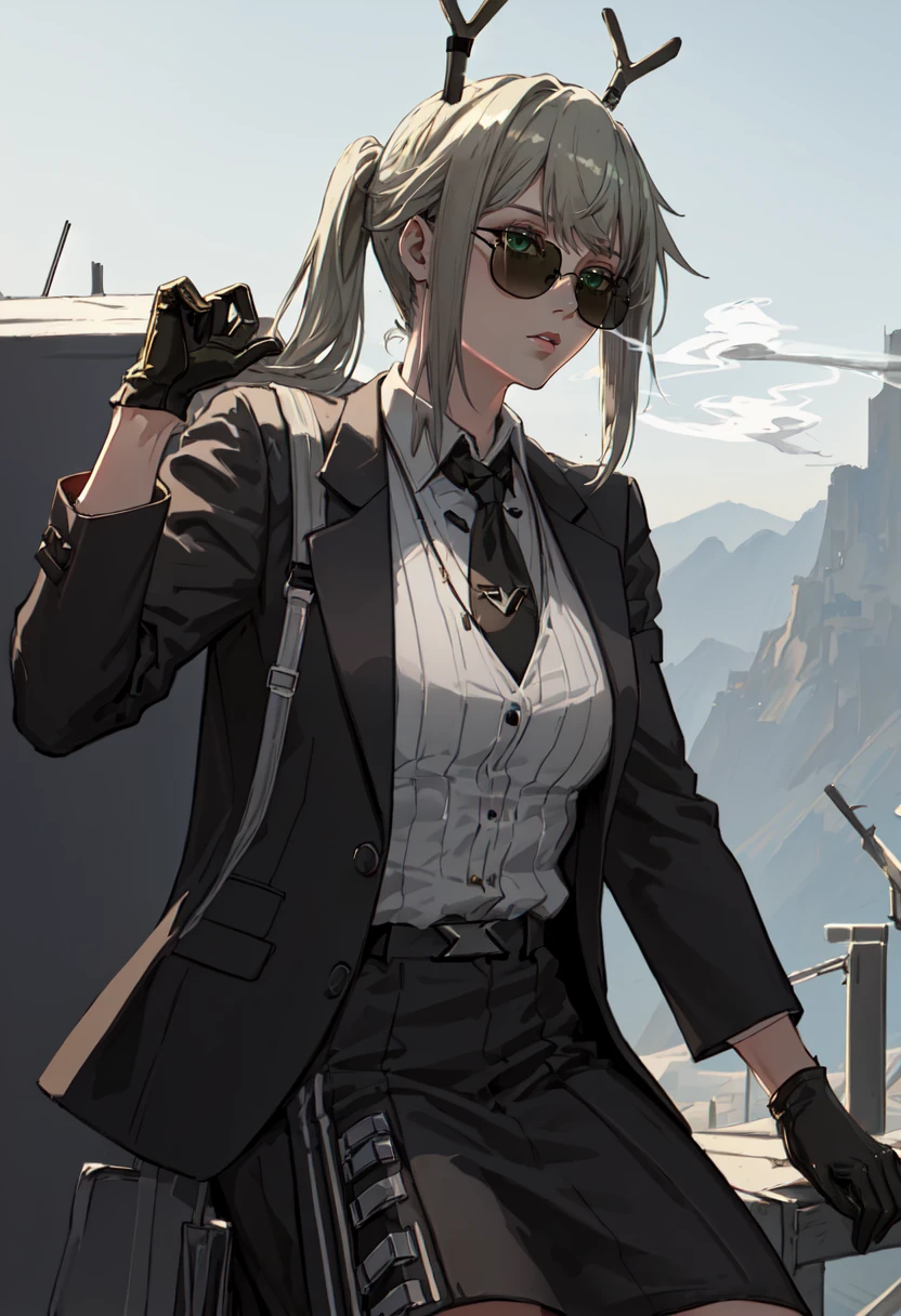 best quality, masterpiece, highres, solo, (firewatch_arknights:1.10), (black business suit:1.40), (tie:1.20), (sunglasses:1.25), (white gloves:1.15), (white shirt:1.10), (black skirt:1.15), (smoking:1.20), handsome, 22 <lora:firewatch_arknights:0.80>