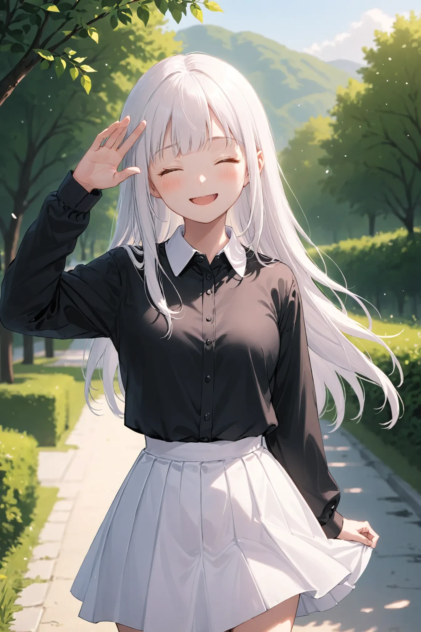 1girl, solo, outdoors, closed eyes, collared shirt, long hair, open mouth, white hair, shirt, white skirt, smile, blunt bangs, hand up, black shirt, skirt, long sleeves, masterpiece, best quality