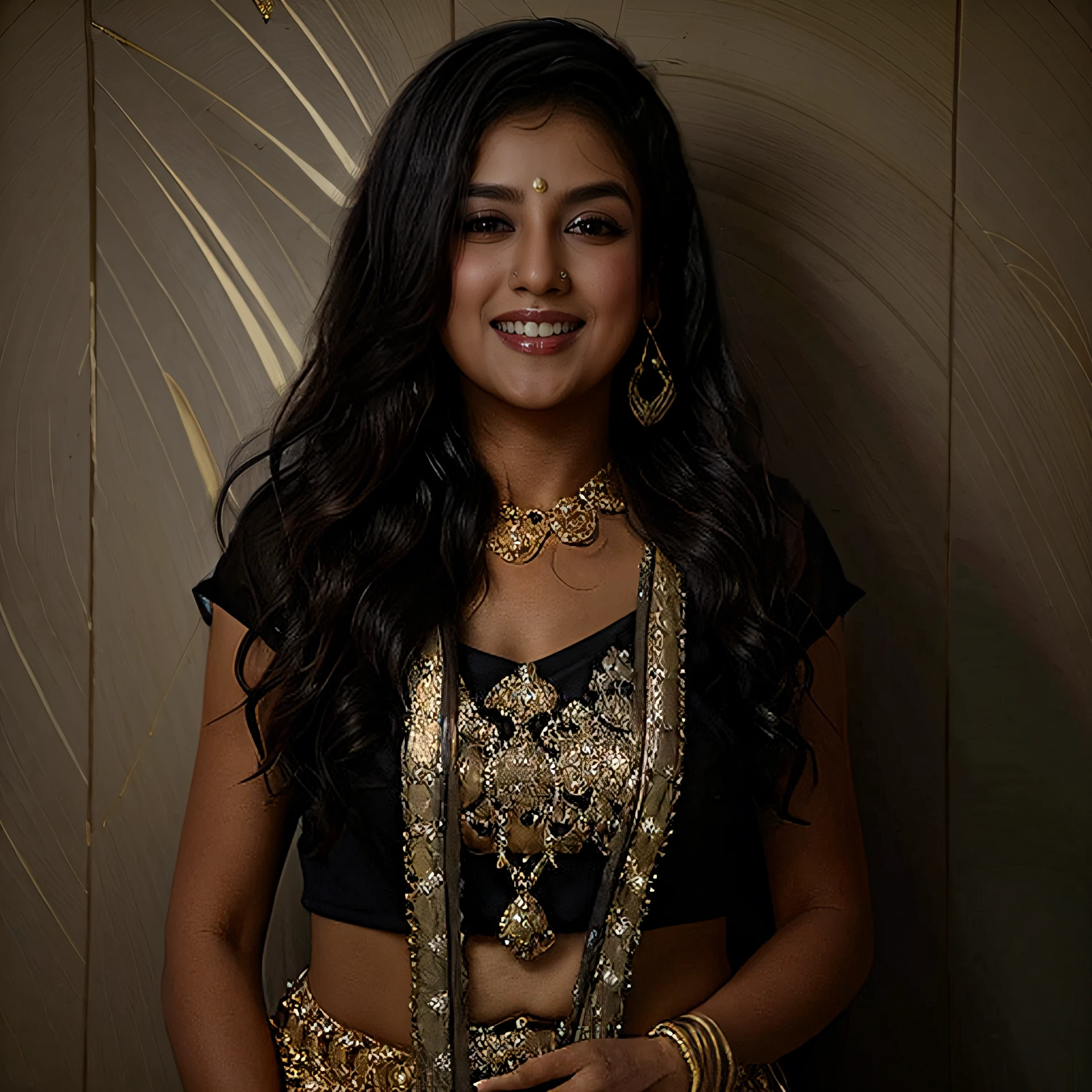 professional potrait photo of a 30-year-old woman, mshti, conservatively dressed in intricate Gold clothing, laughing, solo, night time, city lights bokeh   <lora:mshti_Mishti_Chakraborty_SD15_LoRA_prodigy_local_regs:1>