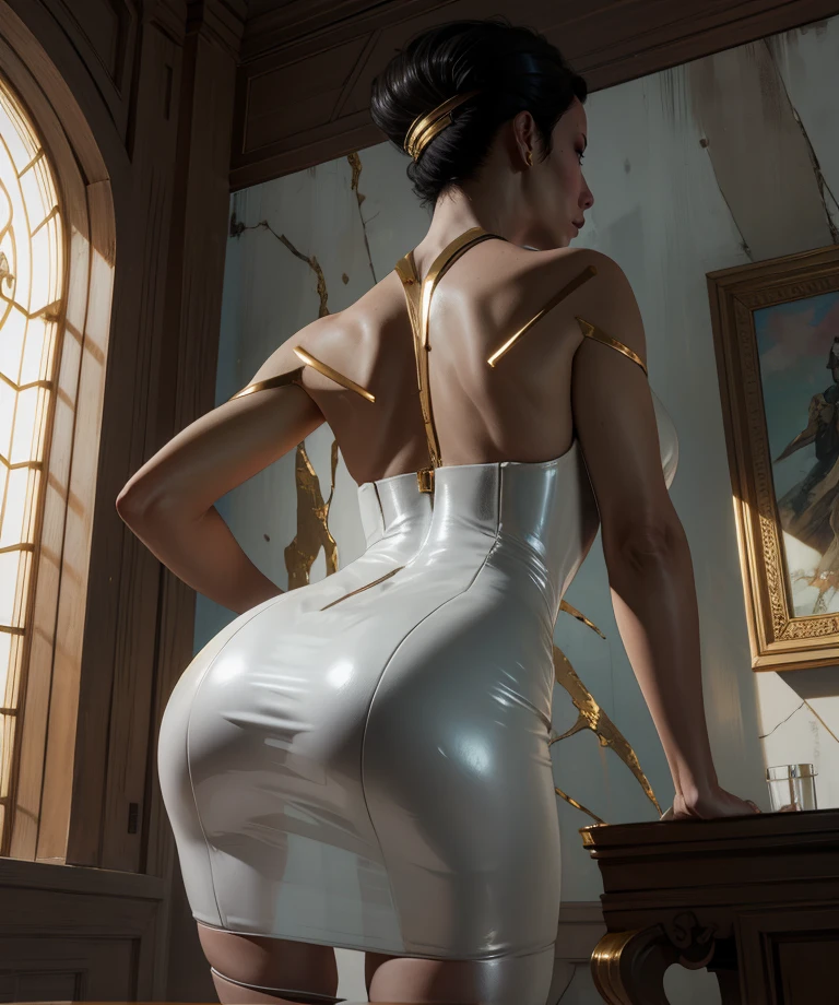 hanako,short hair,black hair,brown eyes,hair bun,
white dress,jewelry,gold arm marks,from behind,ass,
science fiction,indoors,leaning forward,
(insanely detailed, masterpiece, best quality),<lora:HanakoArasaka:0.8>,