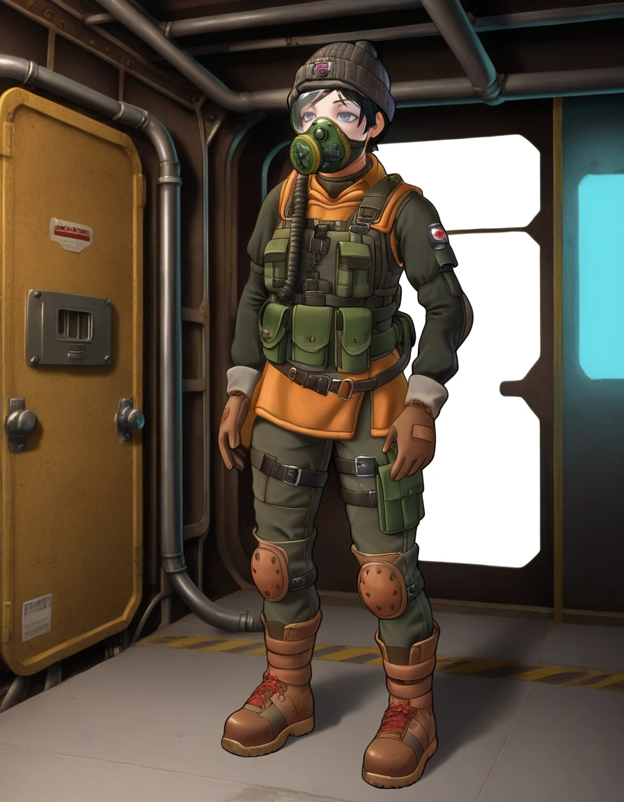 1girl,annametro,<lora:AnnaPony:1>,solo,gas mask,goggles,beanie,military uniform,armor,pants,boots,indoors,in underground tunnel,standing,gloves,holster,full body,black hair