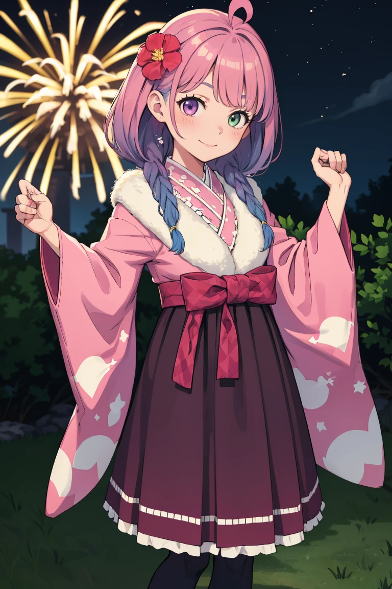 masterpiece, best quality, absurdres, 1girl, solo, LunaNewYear, heterochromia, twin braids, hair flower, pink kimono, fur scarf, sash, hakama skirt, black pantyhose, outdoors, night, festival, shrine, fireworks, smile, <lora:HimemoriLuna:1>