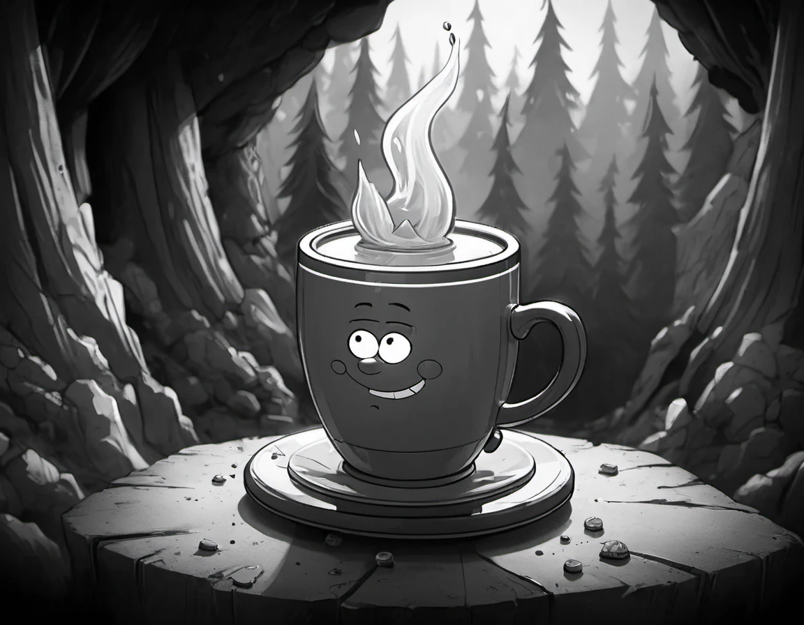 GravityStyle, cartoon, Cup of Tea, inside of a Mount Etna, shallow depth of field, Fantasy, Medieval art, broad lighting, Cathode tube, full of color, poster art, greyscale, in the style of Gravity Falls