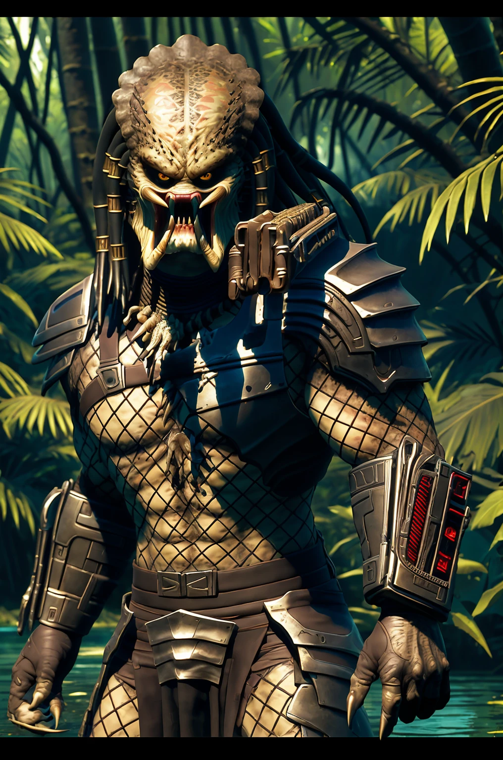 highres,best quality, masterpiece, detailed background,jungle,trees,in water
Yautja,predator \(movie\), monster,male,solo, standing,(looking at viewer:1.2),teeth,sharp teeth,armor,gauntlets, yellow eyes,claws   <lora:Yautja:1>