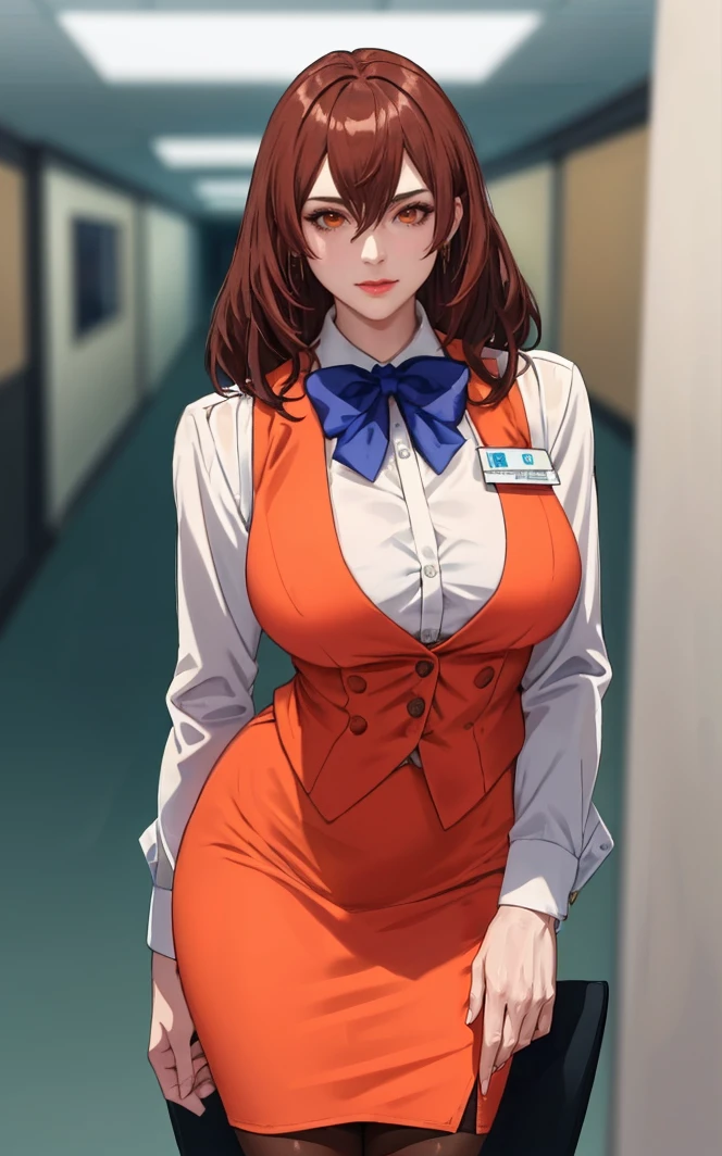 OrangeSuit_Lingeries_RenaAsaoka_ownwaifu,
1girl, brown hair, red eyes, long hair, lipstick, earrings, makeup, lips, bangs, hair between eyes, large breasts, shiny hair, 
orange vest, name tag, vest, blue bow, long sleeves, pencil skirt, bowtie, see-through legwear, formal, white shirt, office lady,
<lora:FAP_CHR_Lingeries_RenaAsaoka_ownwaifu:0.8>,
((masterpiece)),((best quality)),(highres), bokeh, depth_of_field, scenery, spotlight, focused, looking at viewer, solo, cowboy shot,