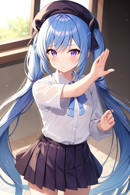 henshin pose, hat, pleated skirt, very long hair, closed mouth, twintails, blue hair, ribbon, purple eyes, white shirt, jewelry