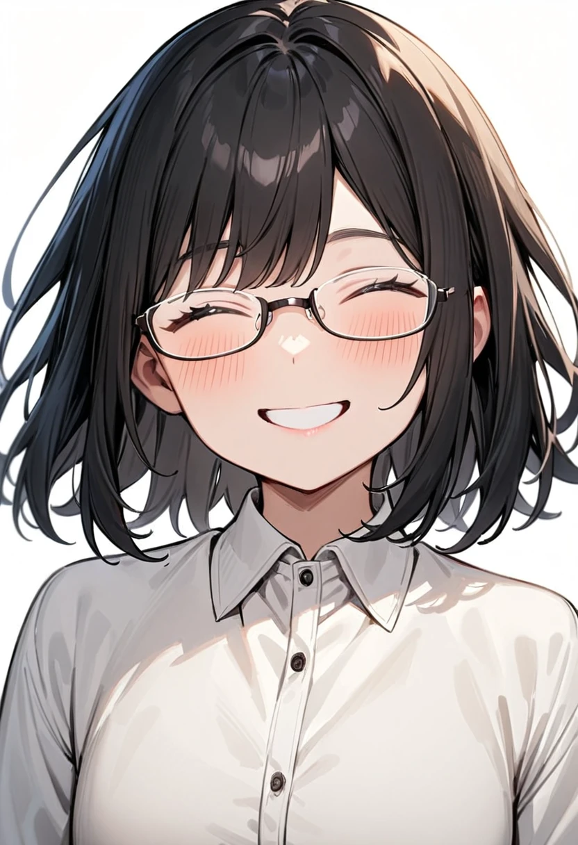 masterpiece, best quality, very aesthetic, absurdres,
1girl, solo, underrim_metal, glasses, black hair, medium hair, looking at another, upper body, collared shirt, happy, smile, 
white background, simple background, 
 <lora:under_rim_glasses_metal-frame_SDXL_V1:0.6>