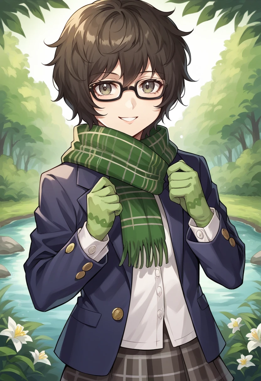 score_9, score_8_up, score_7_up, source_anime BREAK 1girl, solo,  <lora:zs_MiyazuXL:1> miyazusmtv, short hair, messy hair, glasses, scarf, blazer, shirt, plaid skirt, black pantyhose, green gloves, forest, river, flowers, looking at viewer, smile