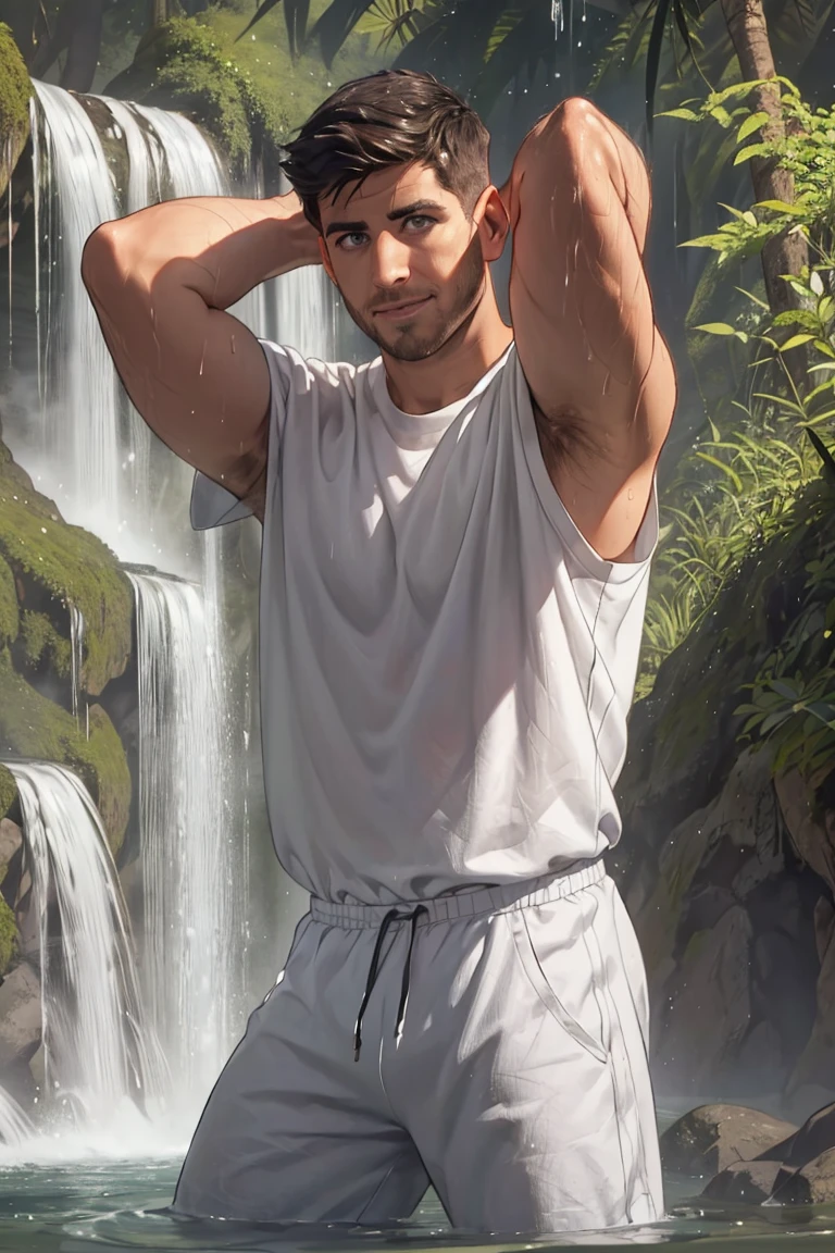 (masterpiece, best quality:1.2), man, solo, 1boy, smirk, short hair, medium shot,((white t-shirt)) ,(bara, muscular, sleeveless shirt), waterfall, hands behind head, inside river, wet skin, pants, park (depth of field:1.1), , photo of, standing, view from below, sweaty skin, masterpiece, highness, perfect face, perfect picture, detailed eyes, sharp focus, detailed view, ,Highly detailed<lora:EMS-335313-EMS:1.000000>