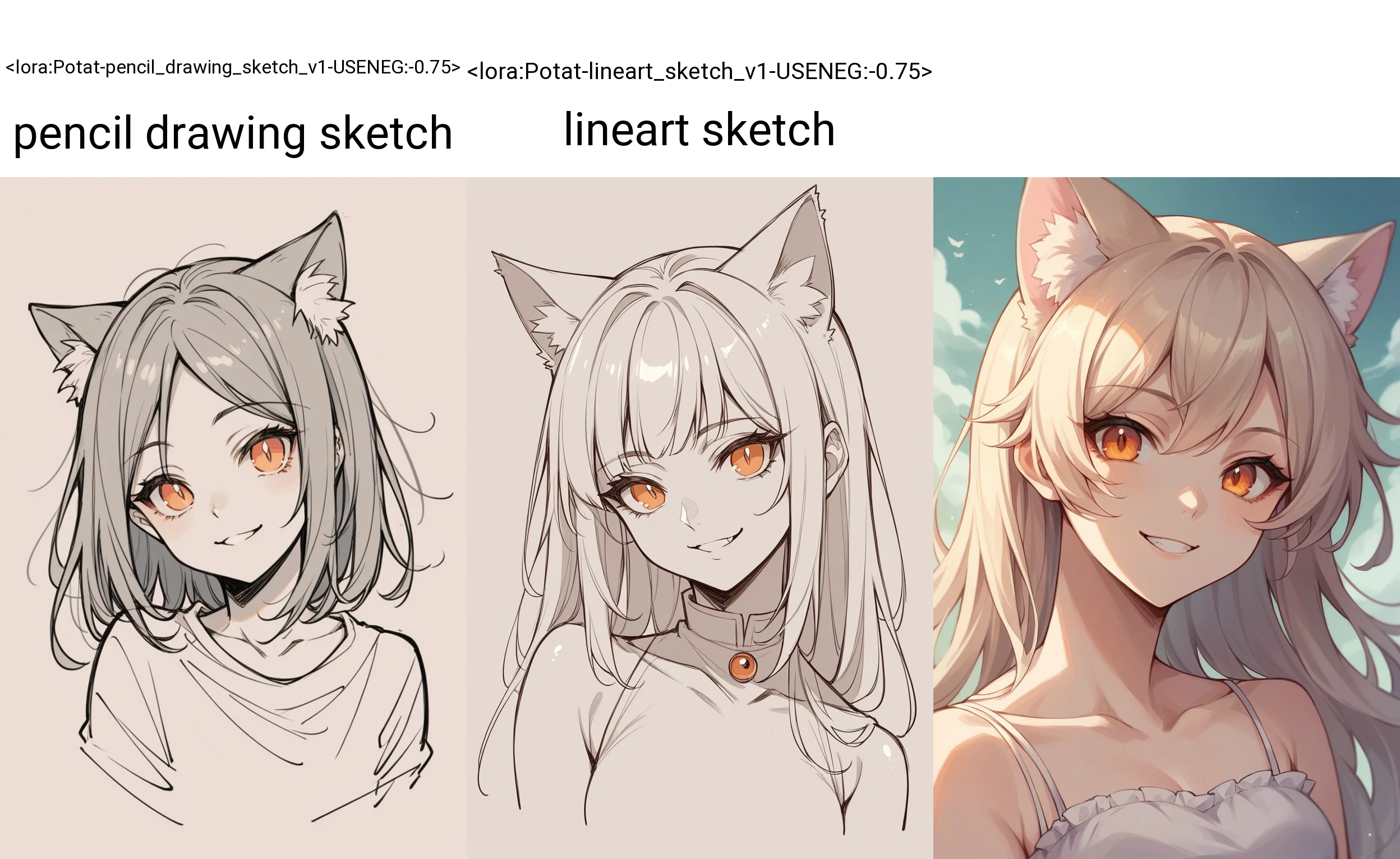 score_9, score_8_up,score_7_up, source_anime,
<lora:Potat-pencil_drawing_sketch_v1-USENEG:-0.75> pencil drawing sketch,
, 1girl, orange eyes, cat ears, head tilt, smiling,solo,