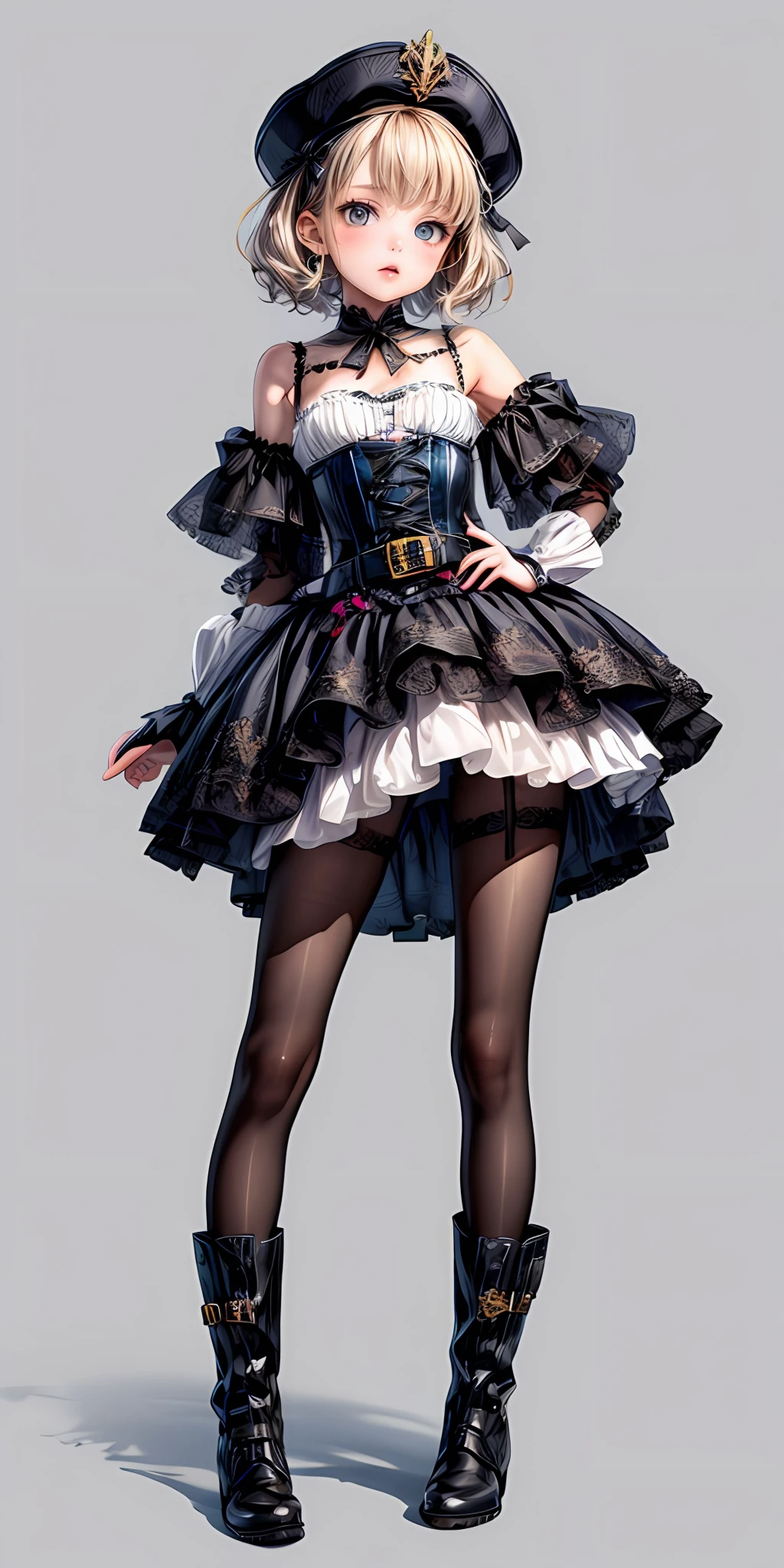 (masterpiece,ultra-detailed,best quality,8K,CG,illustration,shaved:1.0),(petite girl:1.0) <lora:more_details:1>, simple background,
<lora:jyoji fuku v20.0:0.5> jyojifuku,hat,boots, belt, corset,skirt