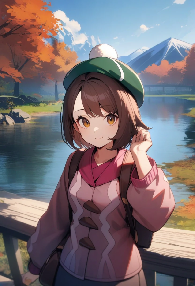 masterpiece,best quality,very aesthetic,absurdres,<lora:gloria_(pokemon):1>,outdoors,green_hat,blue_sky,tam_o'_shanter,1girl,pink_kimono,closed_mouth,lake,scenery,looking_at_viewer,autumn,smile,cloud,gloria_\(pokemon\),solo,upper_body,highres,alternate_costume,