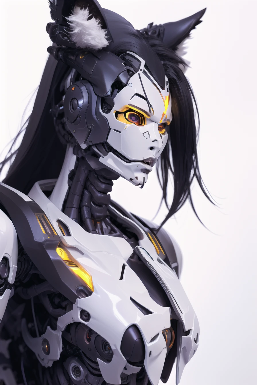 (masterpiece),best quality,white background,humanoid robot,science fiction,robot joints,android,portrait,upper_body,<lora:ahri_Cosplay_V1:0.75>,Ahri_Cosplay,White Tails,Black long hair,yellow eyes,