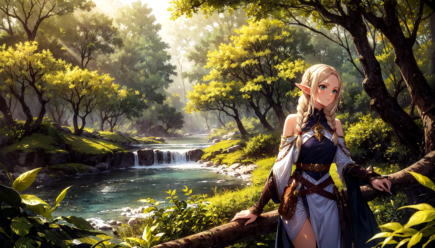 An elven archer stands with elegant precision from side amidst a sun-dappled forest clearing. Her emerald eyes focus intently on an unseen target,brows furrowed in concentration. Cascading waves of chestnut hair spill over her shoulders,adorned with intricate elven braids. Clad in supple leather armor,adorned with nature-inspired motifs,she exudes a sense of harmony with her surroundings. A quiver of feathered arrows hangs at her side,each meticulously crafted. Behind her,ancient trees rise majestically,their gnarled branches reaching towards the sky. The air hums with the tranquil melody of the forest,echoing her poised determination. BREAK 1girl,aiming,dynamic angle,focused expression,chestnut hair,elven braids,leather armor,forest,sunlight,poised,determined,emerald eyes,nature motifs,quiver,tranquil atmosphere,foliage,precision,elegant,ancient trees,fantasy,sunlight filtering through trees,dappled light,concentration,elven,majestic,masterpiece,best quality,very aesthetic,absurdres,