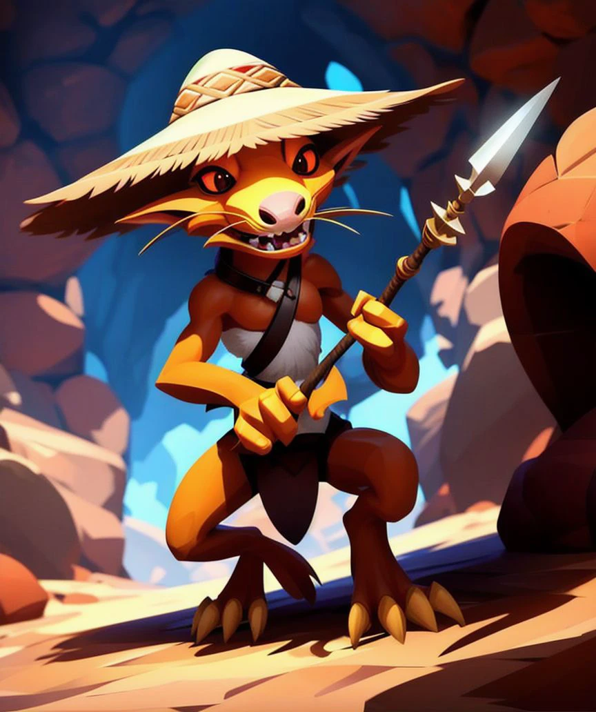 cute illustration of a kobold wielding a spear, orange skin, straw hat, in a cavern, concept art, colorful, good quality, stylized