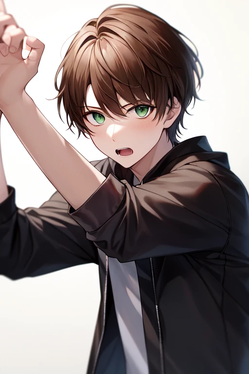 henshin pose, solo, shirt, green eyes, looking at viewer, jacket, open mouth, short hair, 1boy, male focus, brown hair