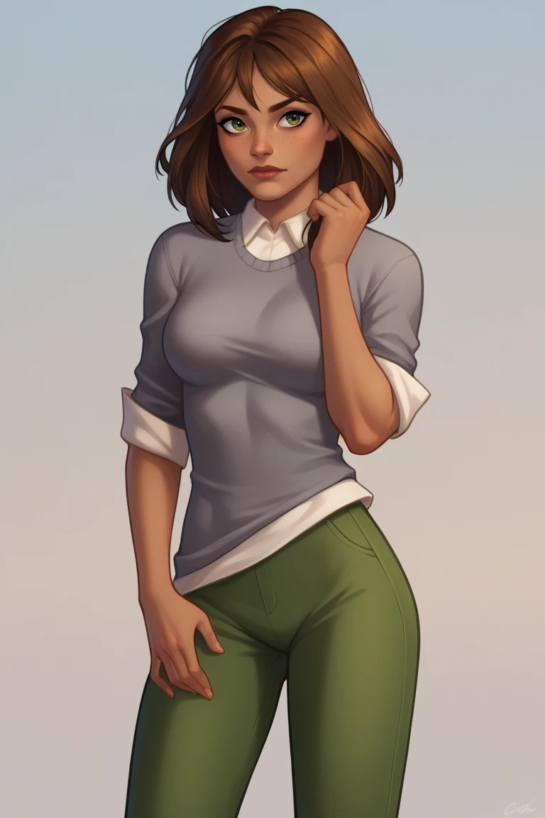 score_9, score_8_up, score_7_up, BREAK, 1girl, solo, breasts, <lora:diabolumberto-guy-PONYv1:1>, <lora:courtneytd-guy-PONYv1:.95> courtneytd, dark skin, freckles, grey shirt, collard shirt, sweater, sleeves rolled up, green pants