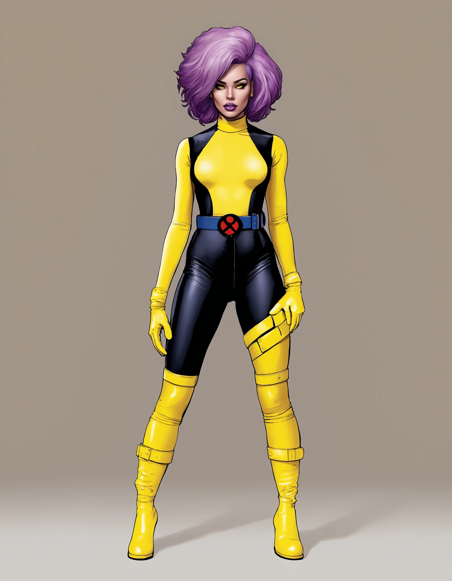 xmblzxl, 1girl, solo, gloves, purple hair, boots, bodysuit, belt, yellow gloves, yellow footwear, belt, two tone bodysuit, yellow bodysuit, blue bodysuit, masterpiece, best quality, very aesthetic, absurdres, <lora:XmenBlueOutfit:0.8>