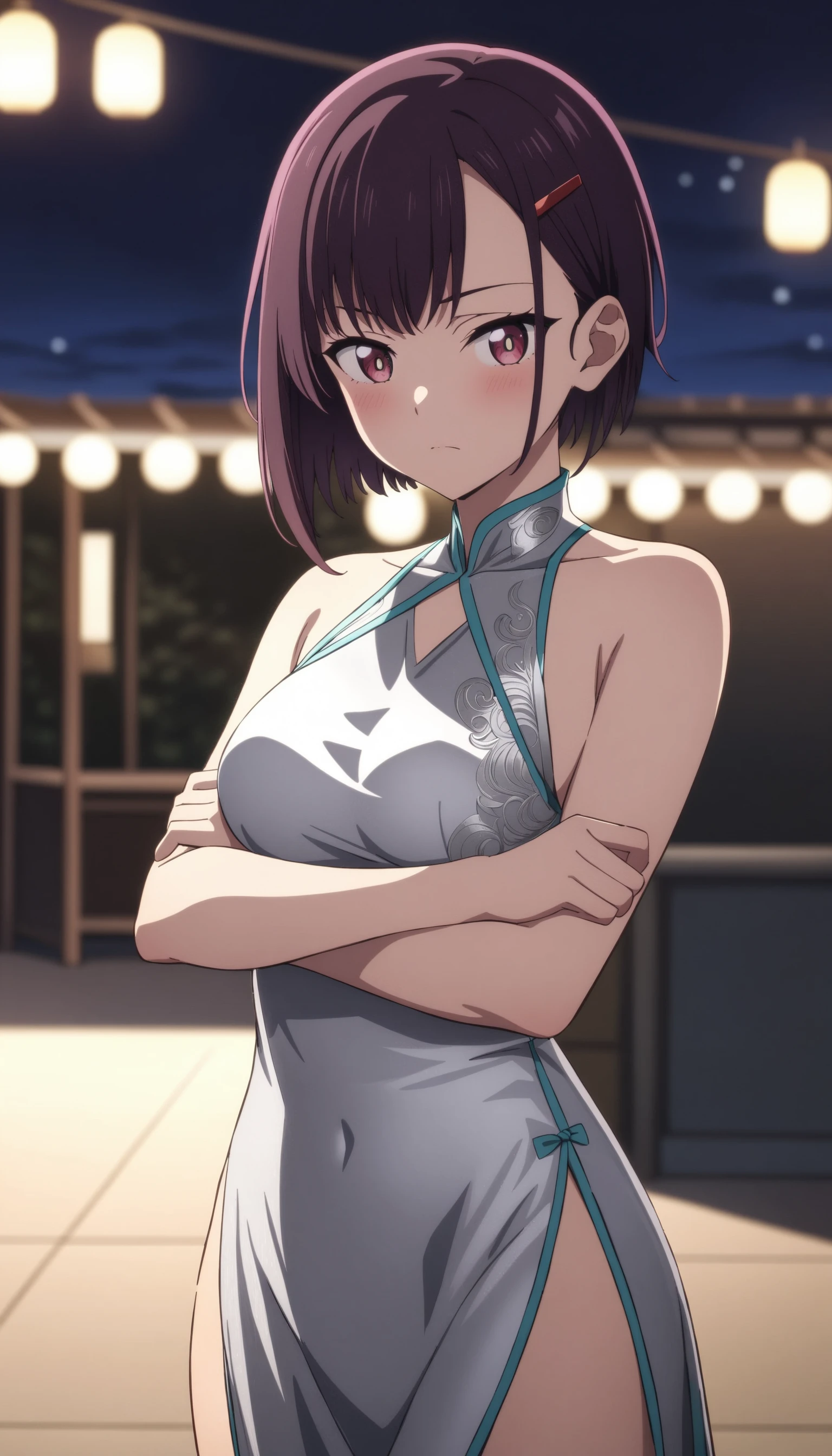 (masterpiece, best quality, very aesthetic, ultra detailed), intricate details,
1girl, shizukazom100, short hair, dark purple hair, bangs, hair ornament, hairclip, pink eyes, white pupils, medium breasts, satin, sparkling, side slit, night, crossed arms, silver dress,,  <lora:ShizukaZoom100XLv1:0.8>