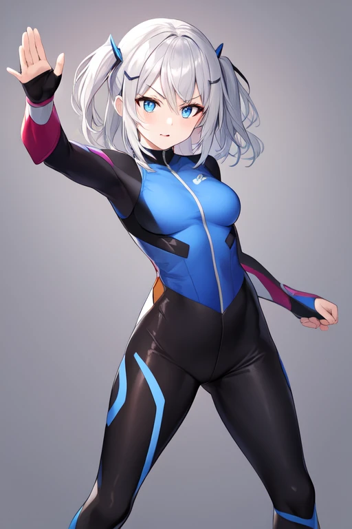 henshin pose, standing, v-shaped eyebrows, grey hair, shoes, cowboy shot, blue eyes, medium breasts, hair ornament, pants, crossover