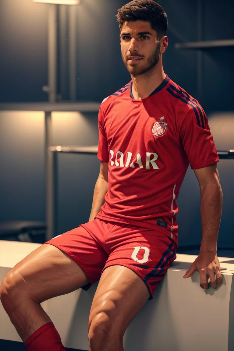 photo of person, man, serious,((soccer jersey, soccer shorts)), athletic body, pink shorts, looking to viewer, ((muscular:1.4)),hairy legs, smirk,, cinematic lighting, detailed face, detailed eyes, masterpiece, high_res, ((cowboy shot )), perfect face, at the nightclub, mattrh<lora:EMS-335313-EMS:1.000000>