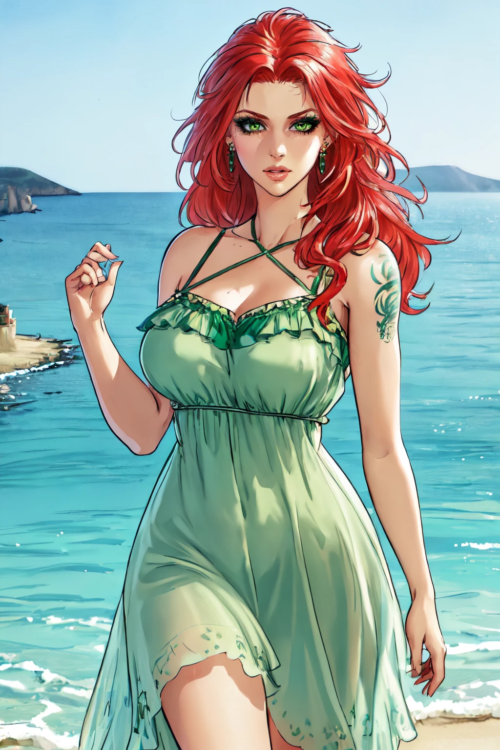 beautiful eyes, beautiful girl, high detail skin, high detail eyes, high detail hair, highres, ultra detailed, sharpen picture, Highly detailed, masterpiece, best quality, photorealistic,
 <lora:VesperLoRA:0.7>1girl, red hair, long hair, green eyes, makeup, tattoo, earring, green summer dress, walking on the beach in greece