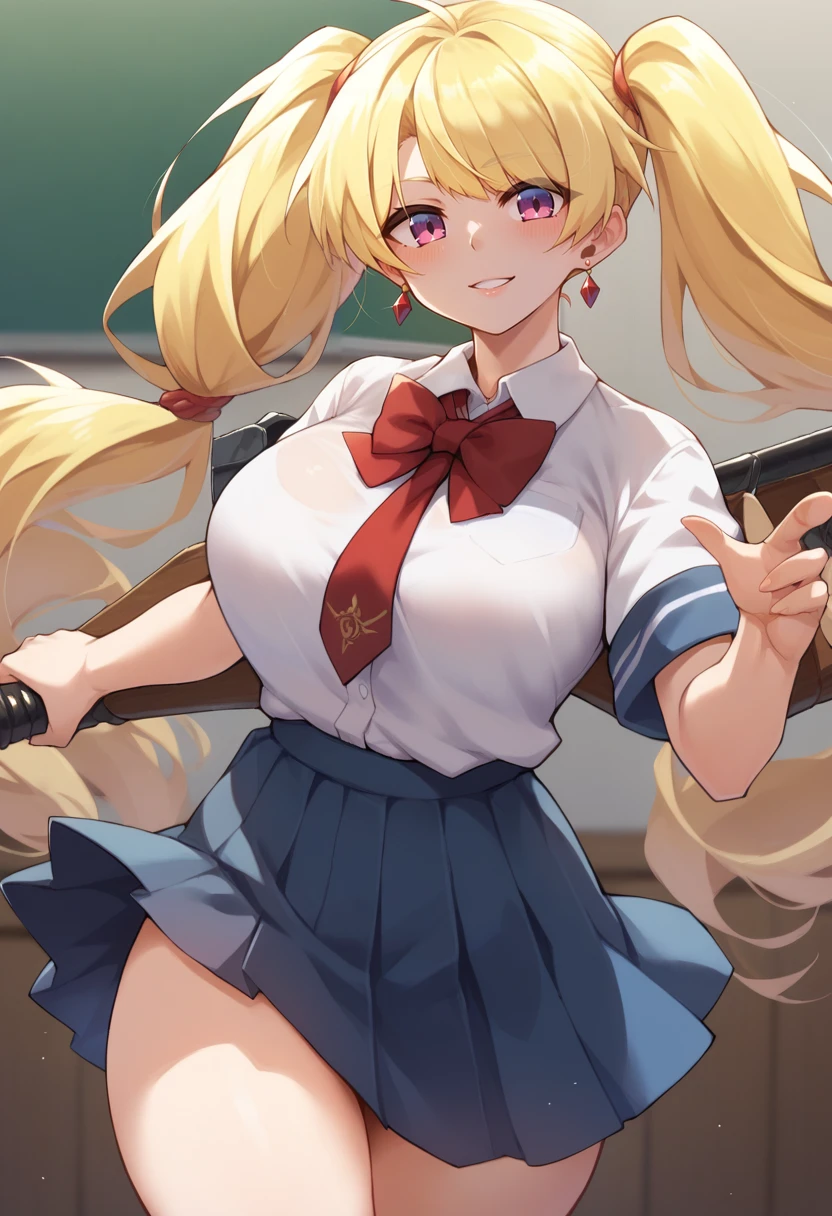 an anime girl with red hair holding a bat on the left side of the screen, 1girl, skirt, braid, blue eyes, shirt, blonde hair, bike shorts, breasts, 1boy, boxing gloves, white shirt, long hair, shirt tucked in, short sleeves, bow, bowtie, pleated skirt, shorts, large breasts, red skirt, red bow, collared shirt, closed mouth, black shorts,baseball cap