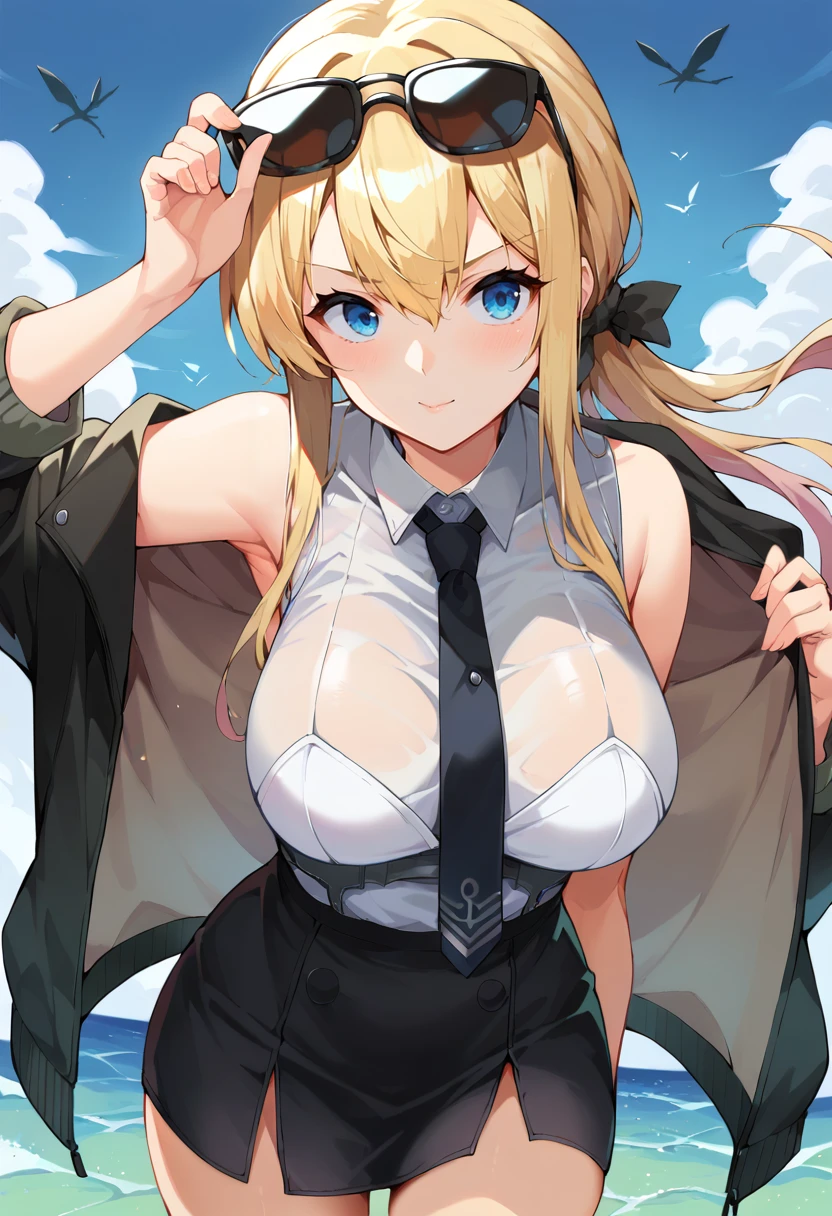 score_9, score_8_up, score_7_up, 1girl, solo, hornet, kantai collection, blonde hair, long hair,  blue eyes, bangs, sleeveless shirt, black tie, black skirt, black bomber jacket, sunglasses, large breasts <lora:Silveroid-Style-PonyXL:1>