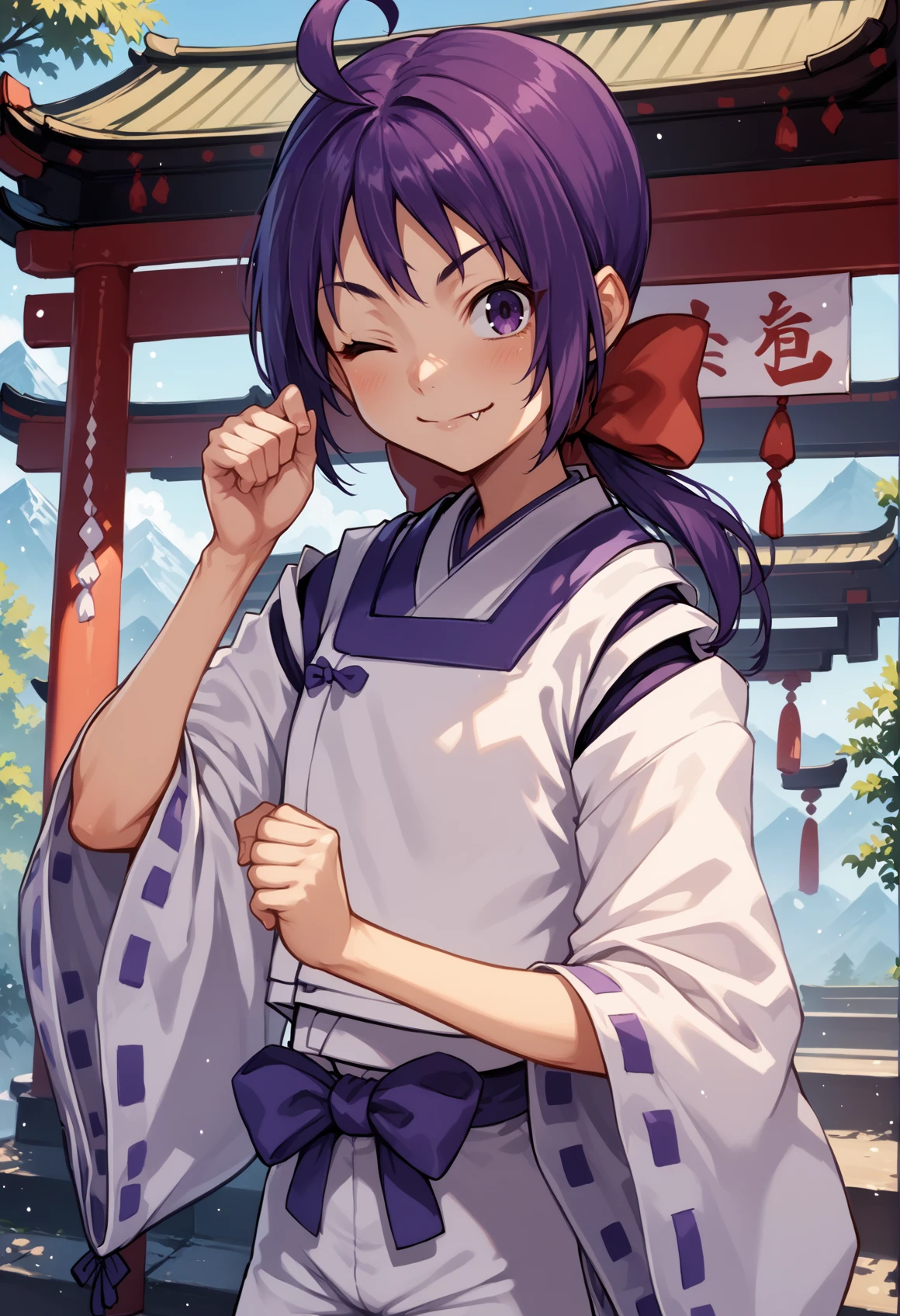 1girl, long hair, purple hair, ahoge, low ponytail, ribbon, purple eyes, japanese clothes, wide sleeves, onmyouji, shorts, tabi, sandals, ribbon-trimmed sleeves, white socks, upper body, hand on hair, clenched hand, wink, tonge out, fang, closed mouth, outdoors, japanese shrine,  <lora:Akari_Ichijou_Last_Blade_XL:1>, score_9, score_8_up, score_7_up, score_6_up, score_5_up, score_4_up, BREAK source_anime, masterpiece