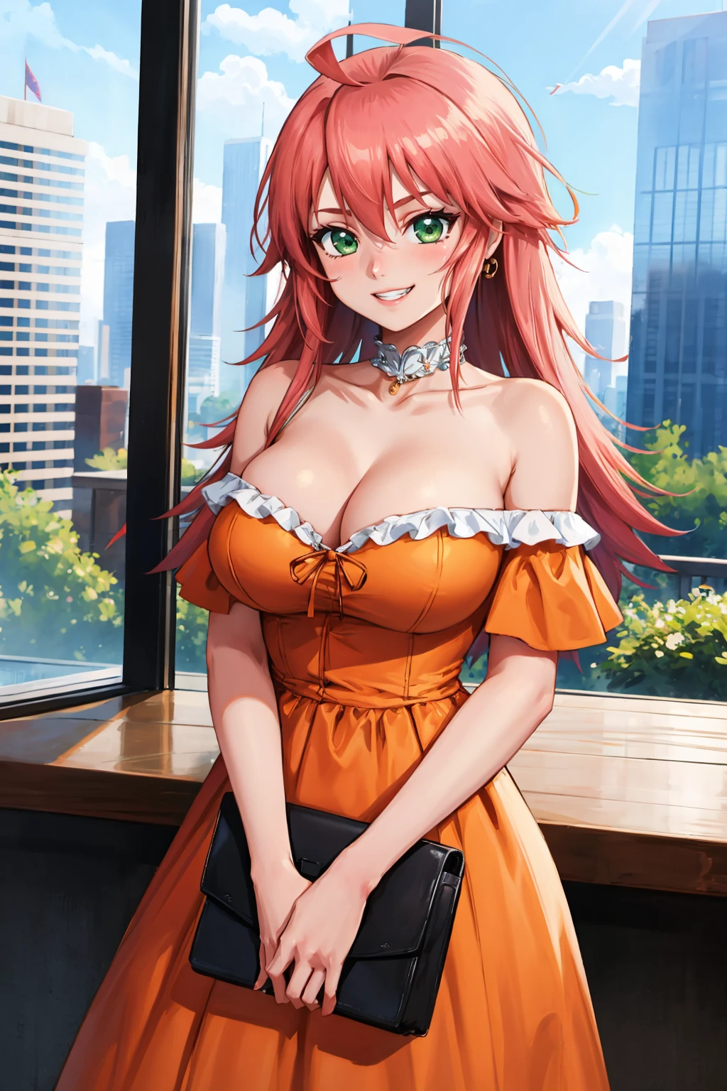 masterpiece, best quality, 1girl,  <lora:kemekomm-nvwls-v1-000009:0.9> kemekomm, green eyes, ahoge, large breasts, orange dress, off-shoulder, frills, long dress, cleavage, grin, city