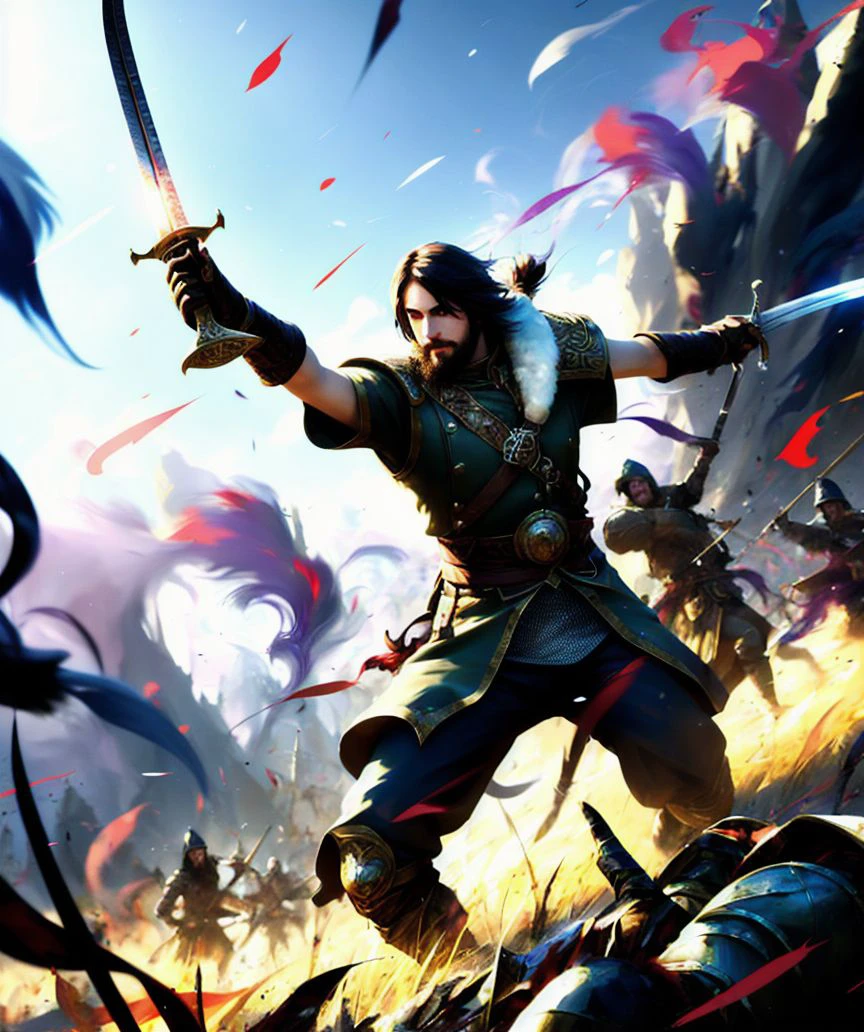 digital art of a fantasy adventurer wielding a sword, long hair, paint splatter style, tumultous battle in background, colorful, impressionist,  artistic colors, on a battlefield, dramatic lighting, concept art, mist