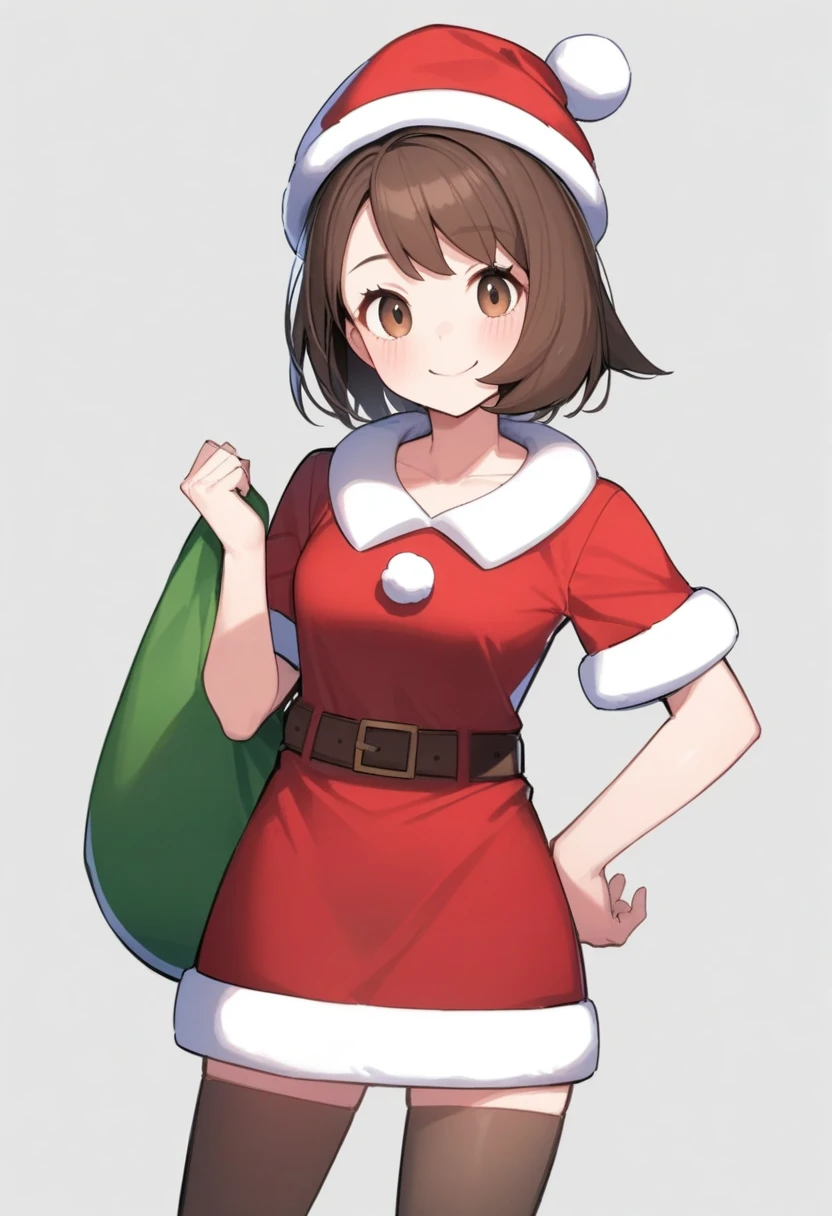 masterpiece,best quality,very aesthetic,absurdres,<lora:gloria_(pokemon):1>, 1girl, fur-trimmed_dress, full_body, santa_hat, split_mouth, hand_up, blush, red_footwear, simple_background, closed_mouth, smile, short_sleeves, red_dress, holding_sack, gloria_\(pokemon\), santa_costume, solo, boots, eyelashes, highres, collarbone, alternate_costume, happy, red_hat, white_background, belt