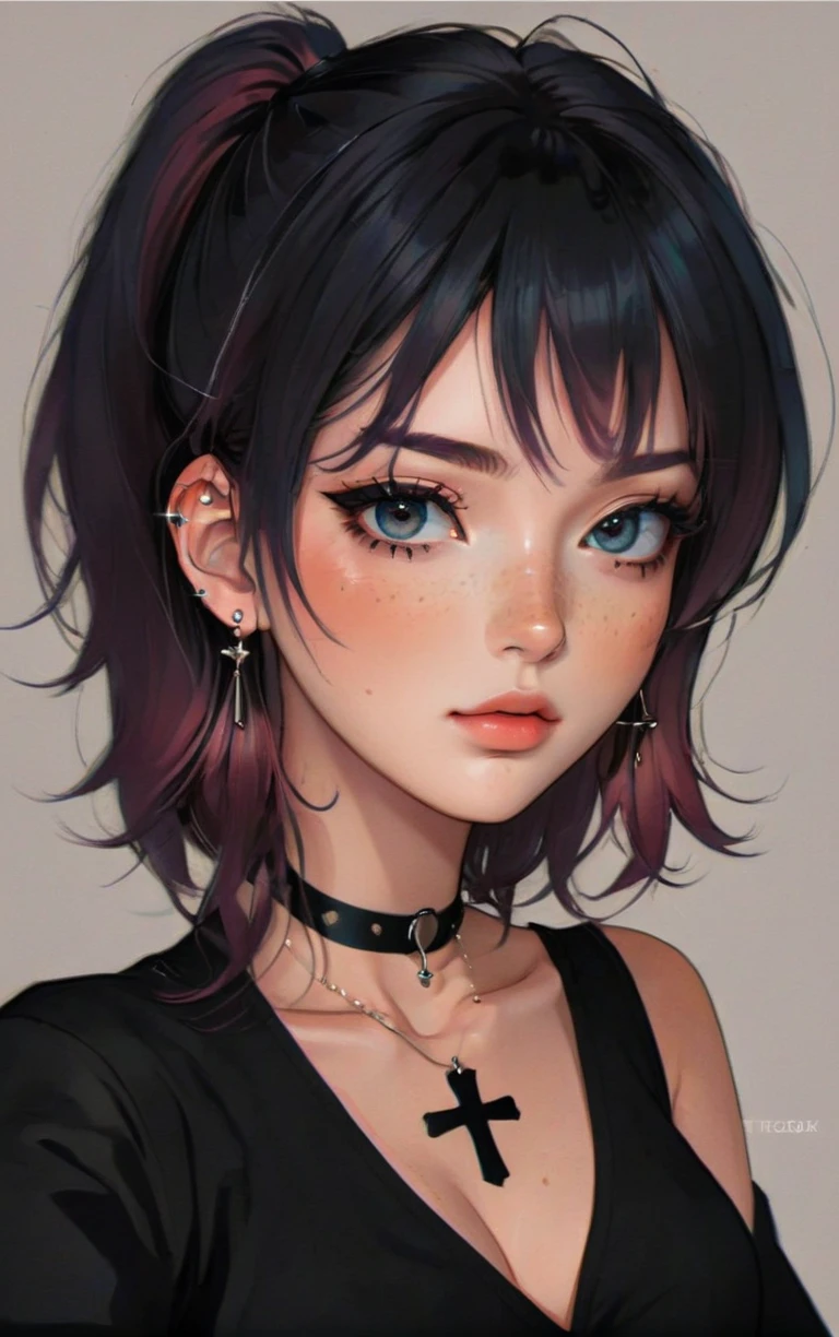 alt girl, digital art, professional anime illustration, (best quality, masterpiece, aesthetic, colorful, dynamic angle, detailed), (shiny skin, detailed face, freckles), painting of a portrait selfie photo of woman with dyed hair wearing black cross earrings, makeup, eyeliner, black t-shirt, best aesthetic, soft light <lora:alt_fashion:0.6> <lora:aesthetic_anime_v1s:0.7>