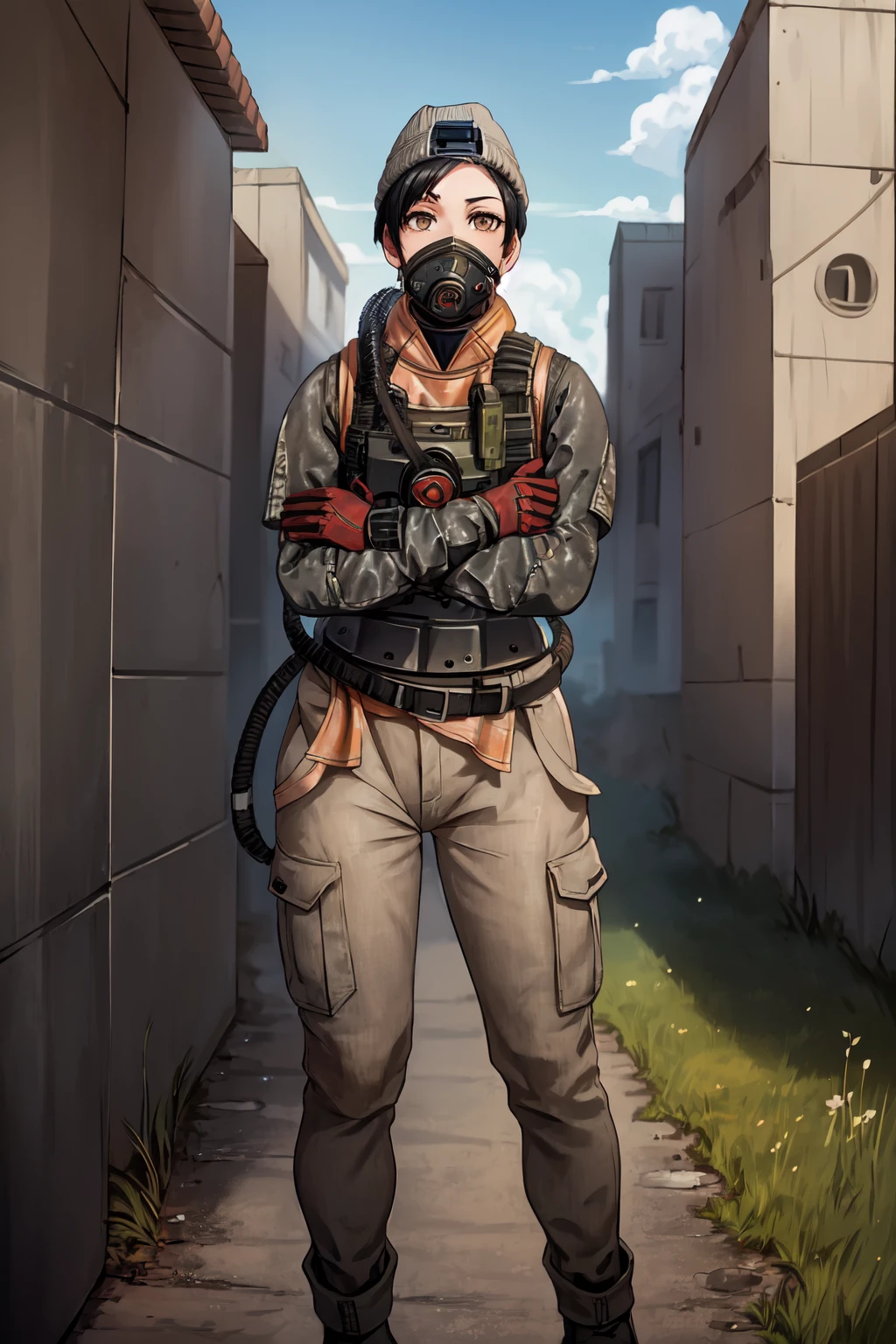 masterpiece,best quality,absurdres,1girl,annametro,<lora:AnnaMetro15:0.85>,standing,crossed arms,full body,outdoors,in field,gas mask,helmet,goggles,gloves,beanie,military uniform,armor,pants,black hair