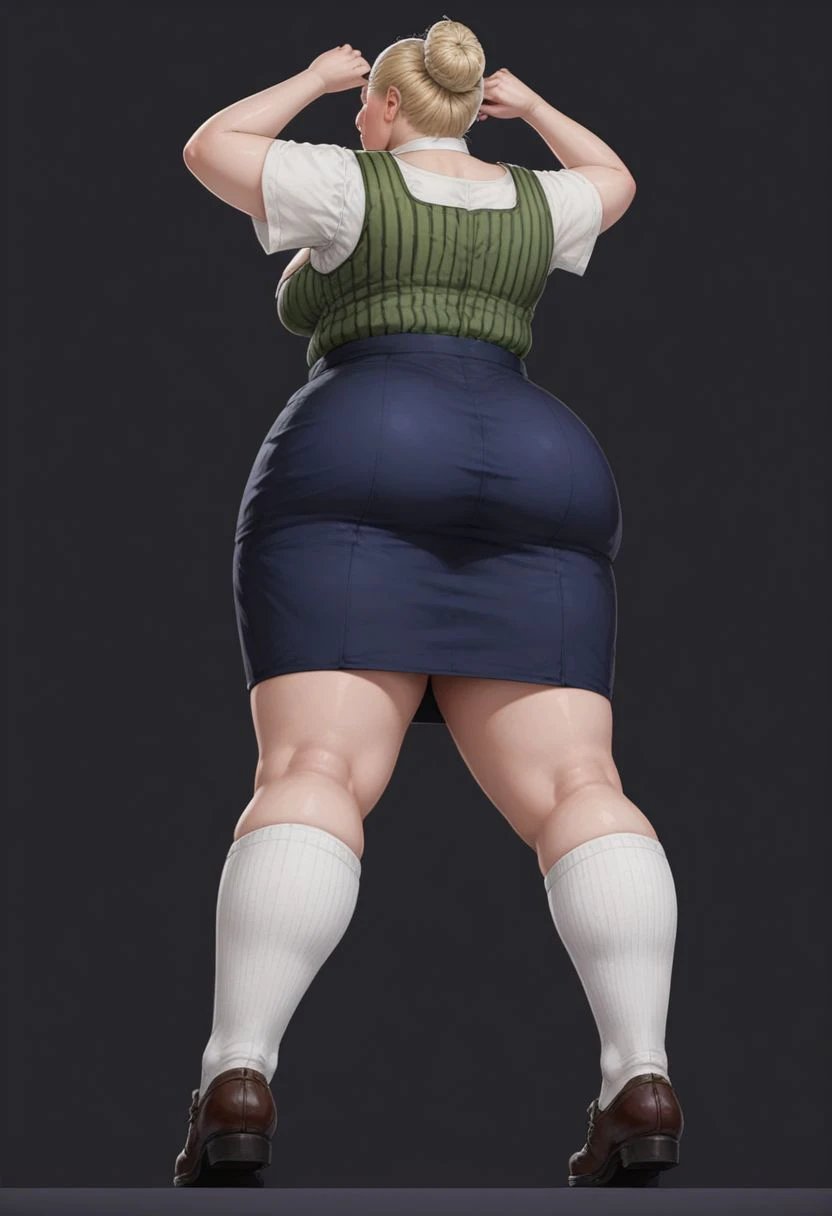 score_9, score_8_up, score_7_up, rating_explicit, 1girl, solo, sigrun engel, fat face, german, blonde hair, hair tied back, hair bun, shirt, cleavage, green vest, dark blue skirt, white knee-socks, shoes, plump, fat, standing, low angle, femdom, stance, arms folded, simple background, black background, rim lighting, behind view,