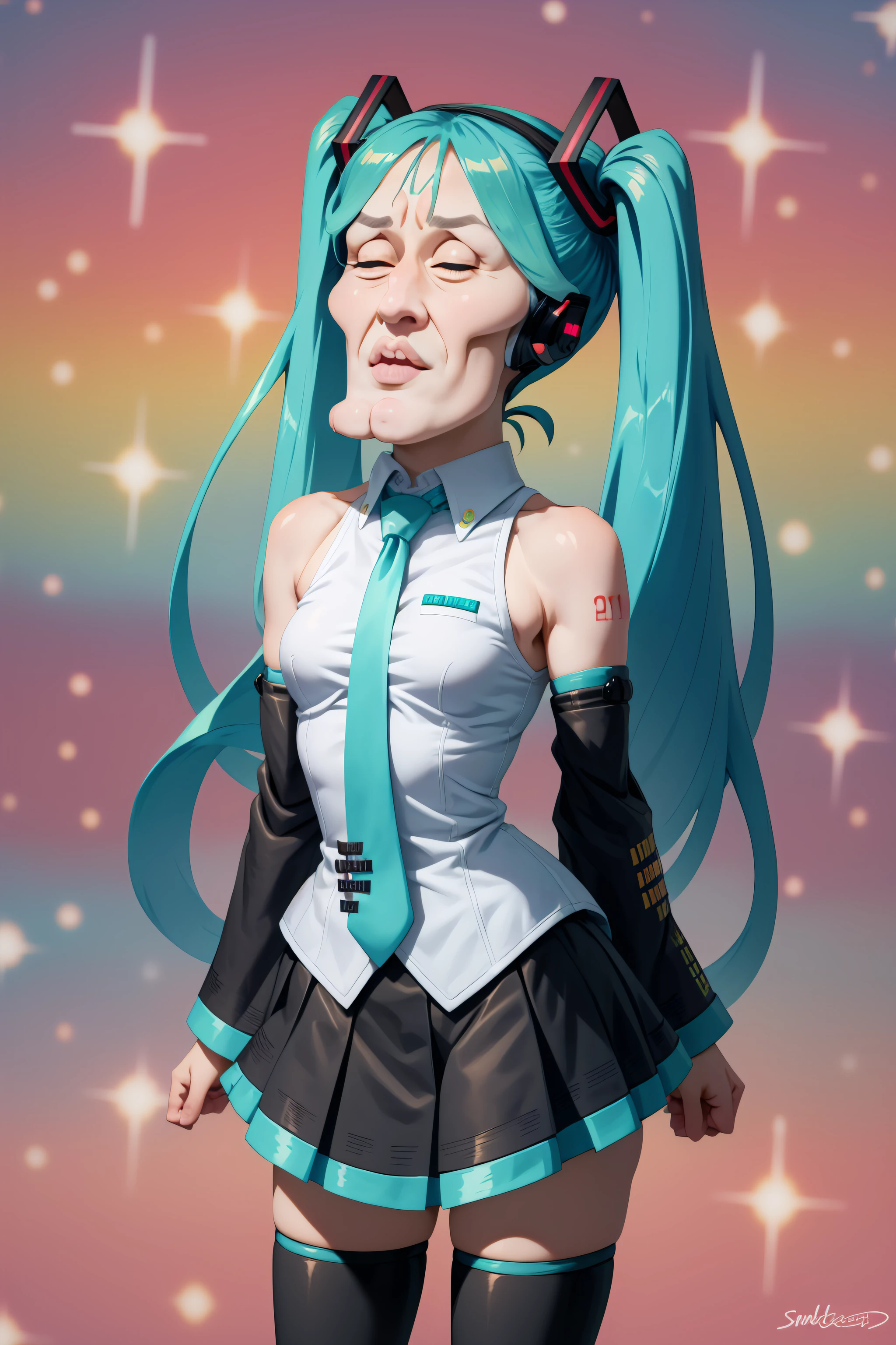 <lora:handsomize_x_v1:1> masterpiece, best quality, handsomize, sparkle, 1girl, hatsune miku, twintails, aqua hair, <lora:FabulousSecretPowersMeme:0.9> IncrsSecretPower, solo, closed eyes, v arms <lora:hatsunemiku1:0.8> mikudef, anime