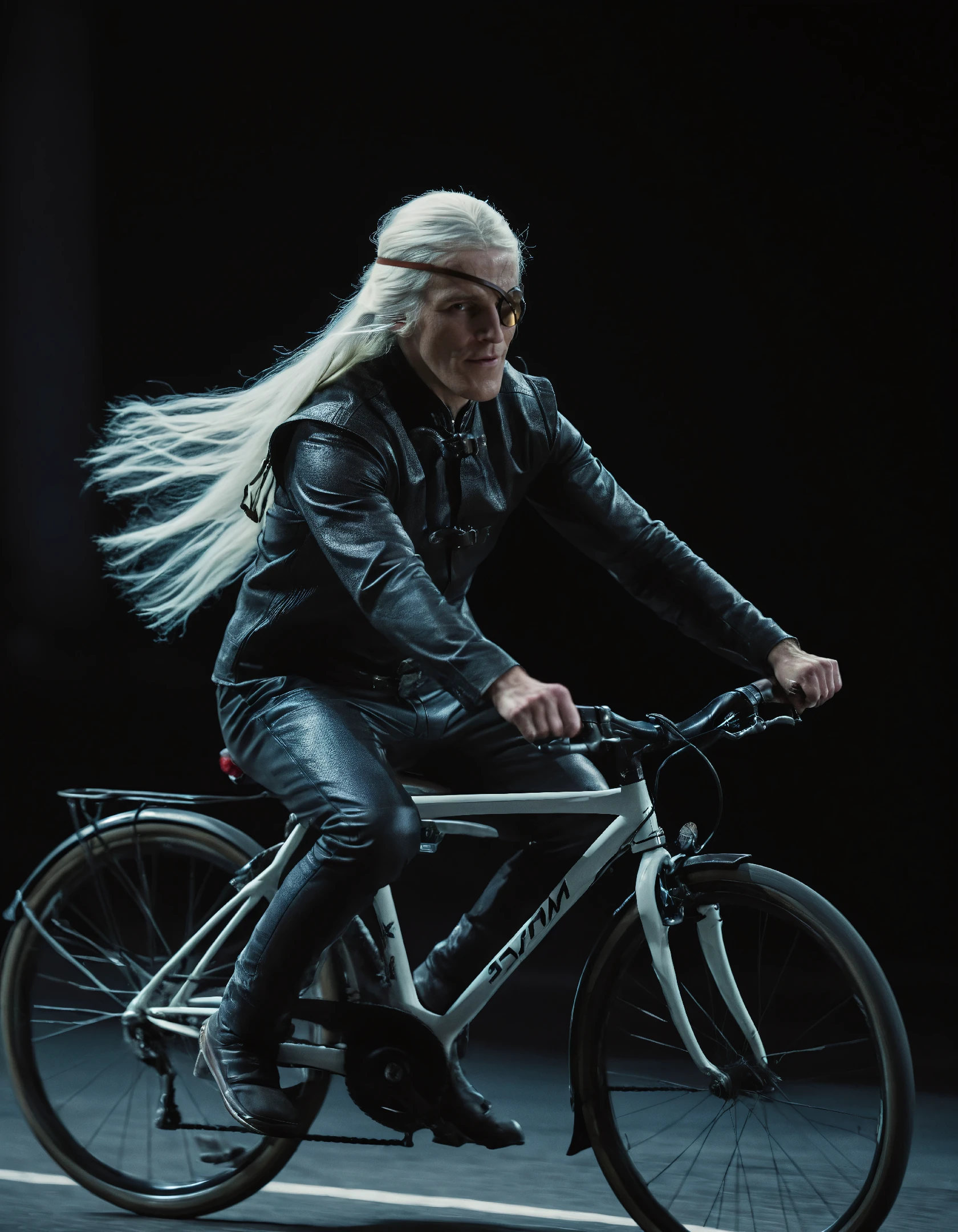 high resolution photo of a3m0nd man with long white hair,full body shot,he is driving a bycicle,volumetric lighting,dark background,the shot is cinematic,highly detailed skin