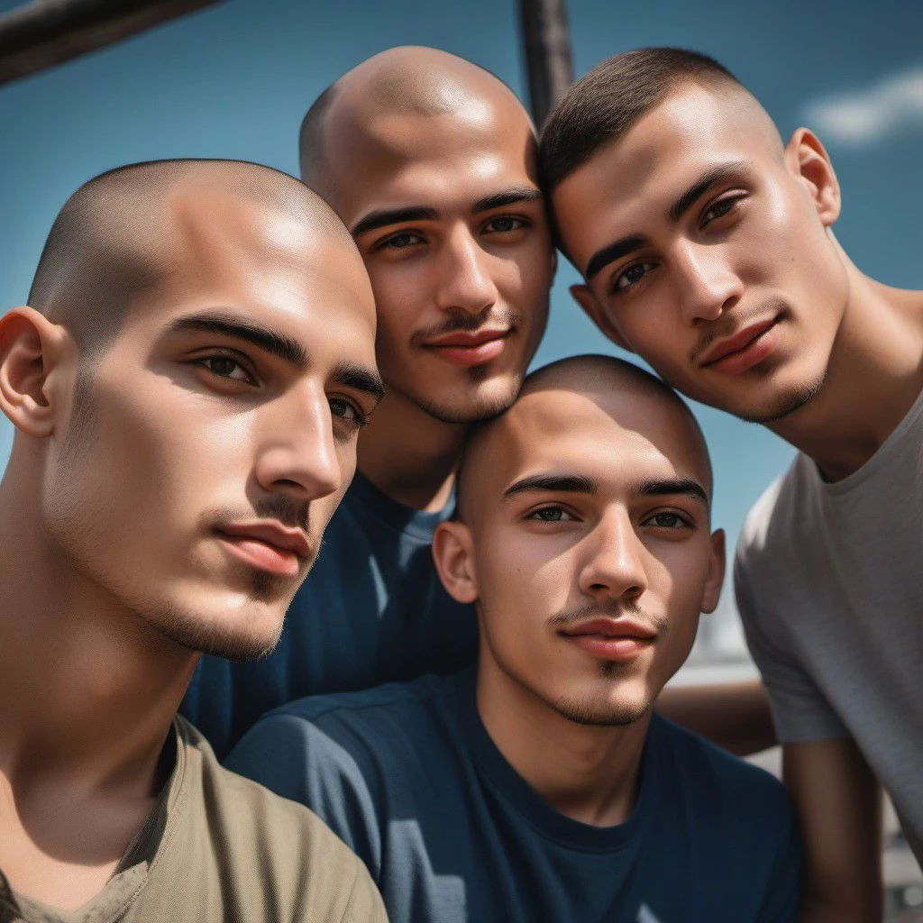 A retro framed Polaroid Photo of three young italians, male only, brothers, 1boy 18yo, shaved  head, full body, closeup, kissing, trimmed pubic hair, perfect half erect fleshy penis, highly detailed, relaxed pose, dramatic lighting, lushill style, digital painting, beautiful, realistic, Art by Daniela Uhlig and Tatiana Suarez ,realistic face shapes, beautiful eyes, smilie, high detail, 8k, vivid colors, highly detailed, UHD drawing, pen and ink, perfect composition, beautifully detailed intricate insanely detailed octane rendering trending on artstation, 8k artistic photography, photorealistic concept art,