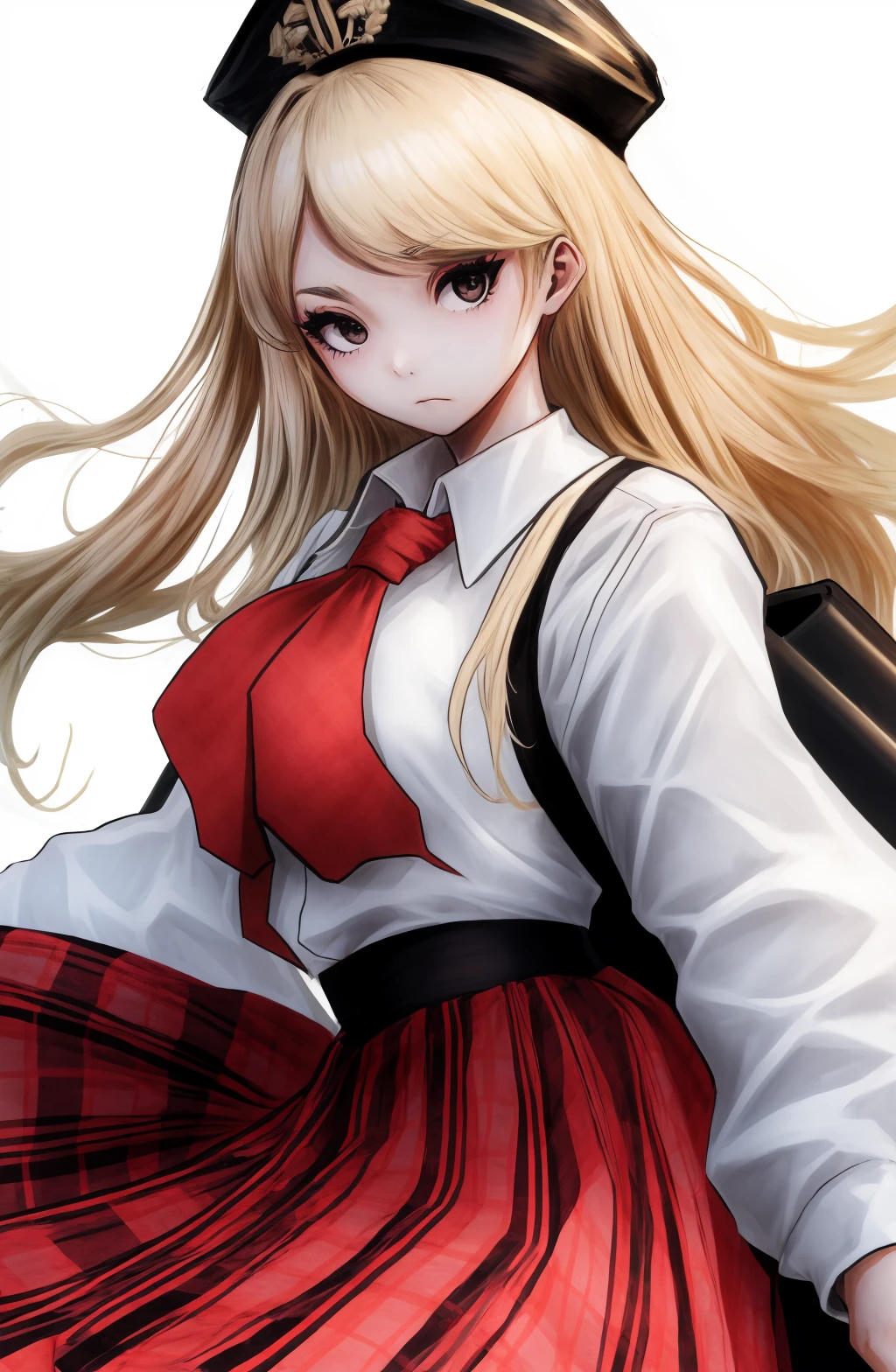 @meke77842928, meke77842928\(Artist\),masterpiece, 1girl, black eyes:1.5, nose, blonde hair, medium breasts:1.5, two-tone hair, eyeliner, closed mouth, looking at viewer, long hair, wearing a highschool uniform, plaid skirt, solo, (((upper body))), <lora:meke77842928 Style:1.55>,