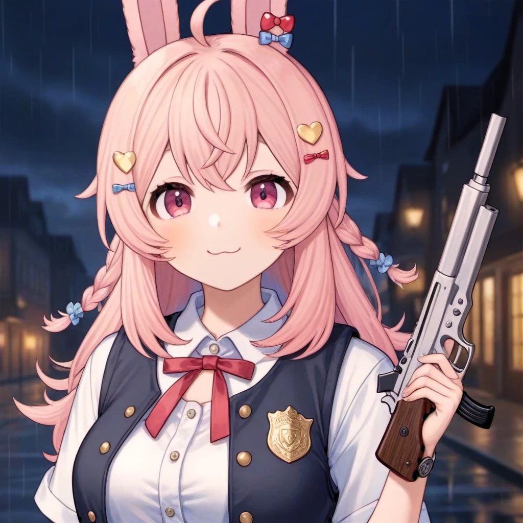 pippa, :3 rabbit ears, bangs, closed mouth, rabbit girl, sleeves past wrists, solo, twin braids, virtual youtuber, ahoge, pink eyes, 
pipi hairclip, heart hairclip, bow hairclip, bunny hairclip, red bow hairclip, tiny heart hairclip,
((jeans, white shirt, black vest, police uniform, holding a gun, night, dark, gloomy, rain))
(((best quality, ultra-detailed, shading, sharpness, volumetric lighting,)))
 <lora:PIPPA-XL-t9-000001:0.6>