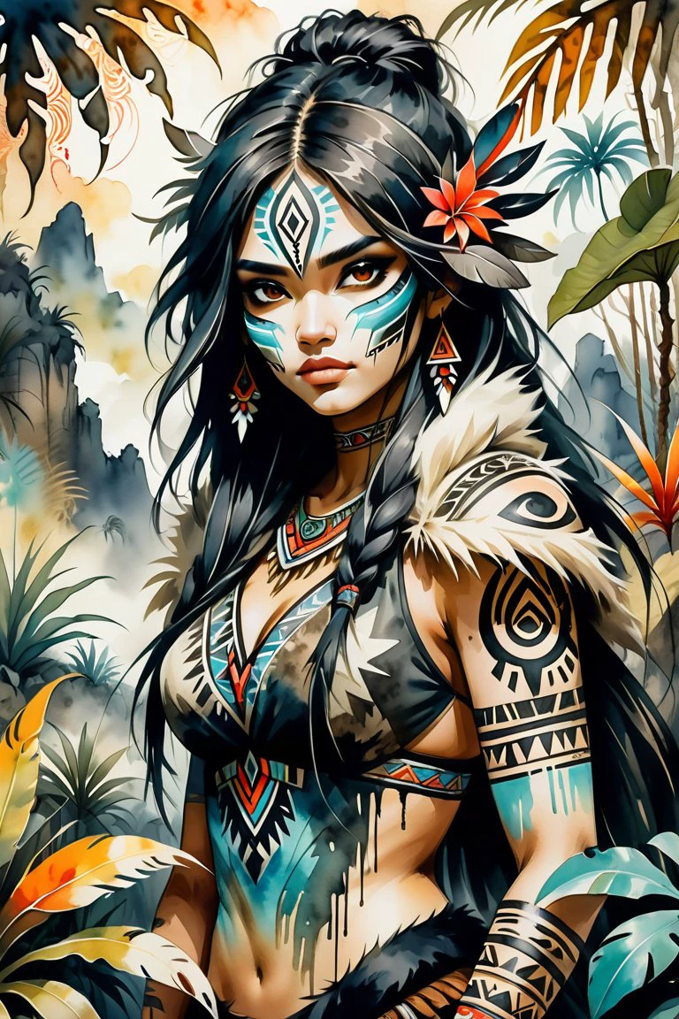 ink illustration, on parchment, ink splashes, ink stains, ink smears, faded ink, (fantasy:1.4), woman in fur clothes, dark hair,tribal,barren landscape,tropical plants,looking at viewer,watercolor,tribal face paint,warm tones,, watercolor sketch in artistic style, large strokes, finalized with ink, fine lines